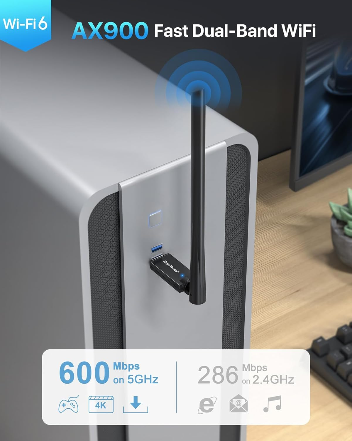 Brostrend AX900 Wifi 6 USB Wifi Adapter for PC, Long Range Dual Band 5Ghz 600Mbps + 2.4Ghz 286Mbps, High Gain Antenna Wi-Fi Dongle for Windows 11/10/7, Wireless Adapter USB 2.0, 802.11Ax, Easy Setup image number 4