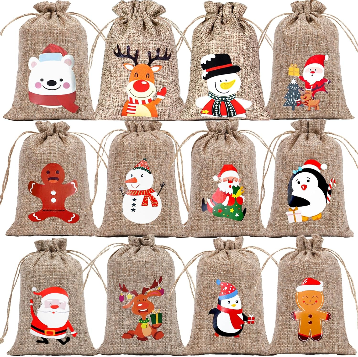12 Pack Christmas Linen Bags, 10 X 15 Cm Bags, Candy Goodie Treat Bags, Drawstrings Burlap Bags for X&lsquo;Mas Party, Reusable Wrapping Bags (12 DESIGNS)