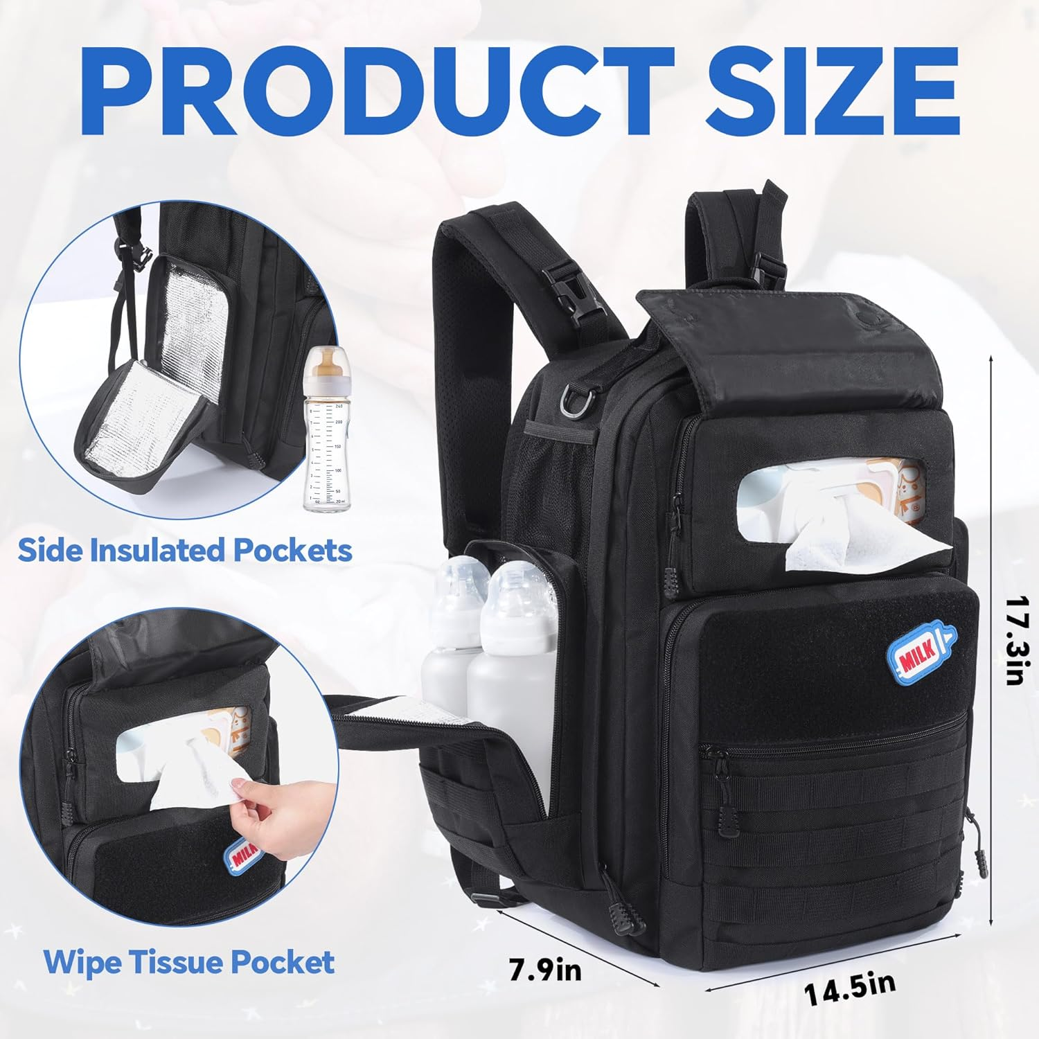 MABOZOO Black Military Dad Diaper Bag Backpack with Waterproof Changing Pad,Molle Style Mens Diaper Bag for Travel,Large Baby Backpack Bag with Insulated Bottle Holders image number 3