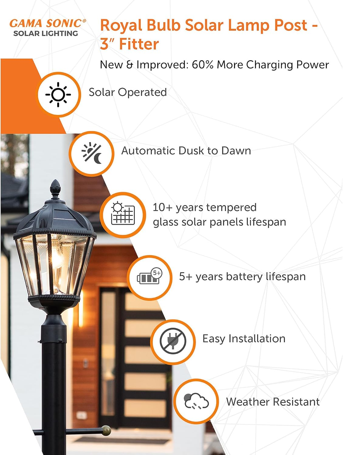 Gama Sonic Outdoor Solar Post Light, Black Aluminum, Royal Bulb, Rain Water Glass, Single Lamp with 3-Inch Fitter for Lamp Posts Warm White LED, 98B012 (Upgraded Panel and Battery) image number 4