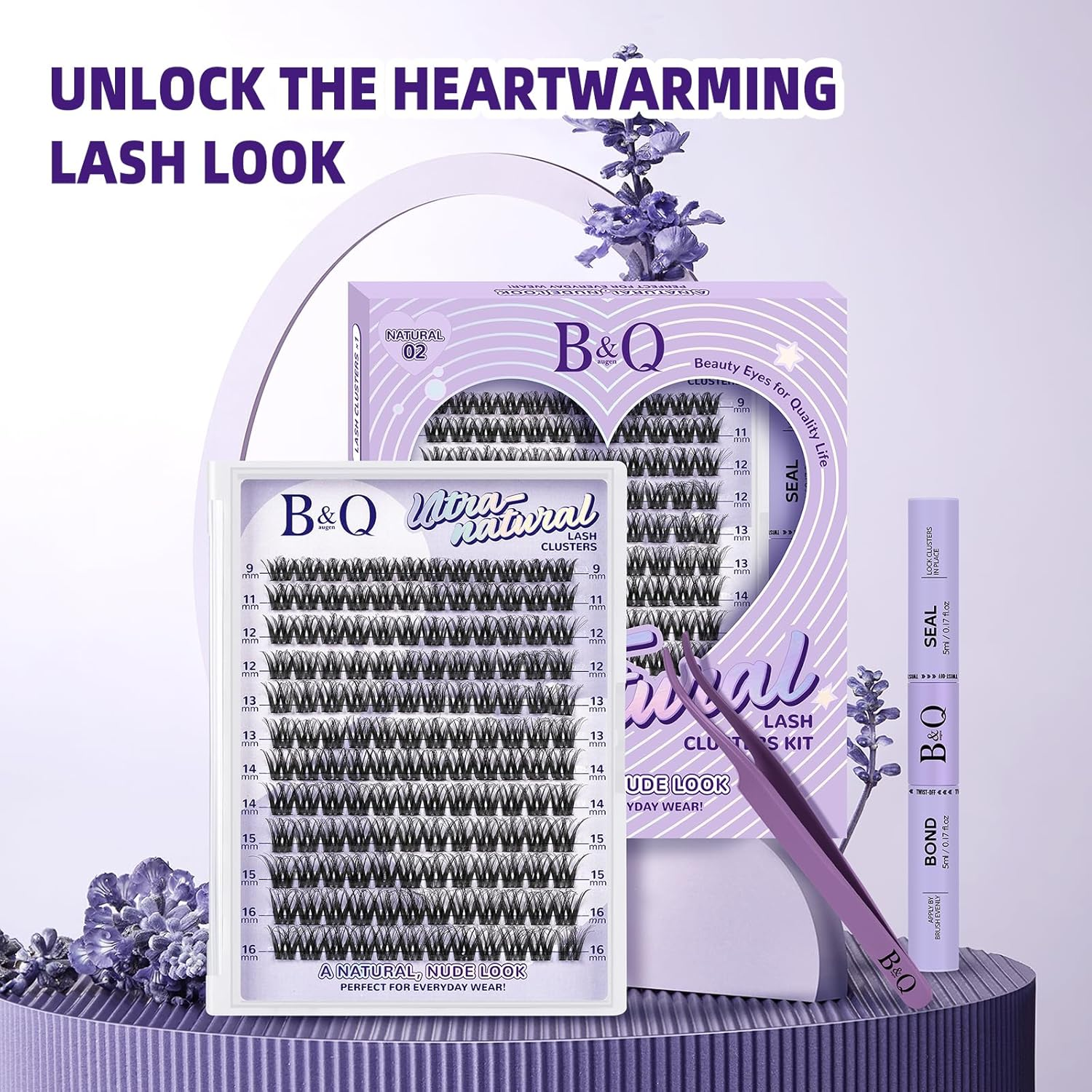 B&QLASH Lash Clusters Kit 144PCS Wispy Lash Extension Kit 9-16Mm Soft Natural with Cluster Glue and Lash Tweezer D Curl Pesta&ntilde;as Postizas Naturales (Kit,Natural 02-9-16MIX) image number 6