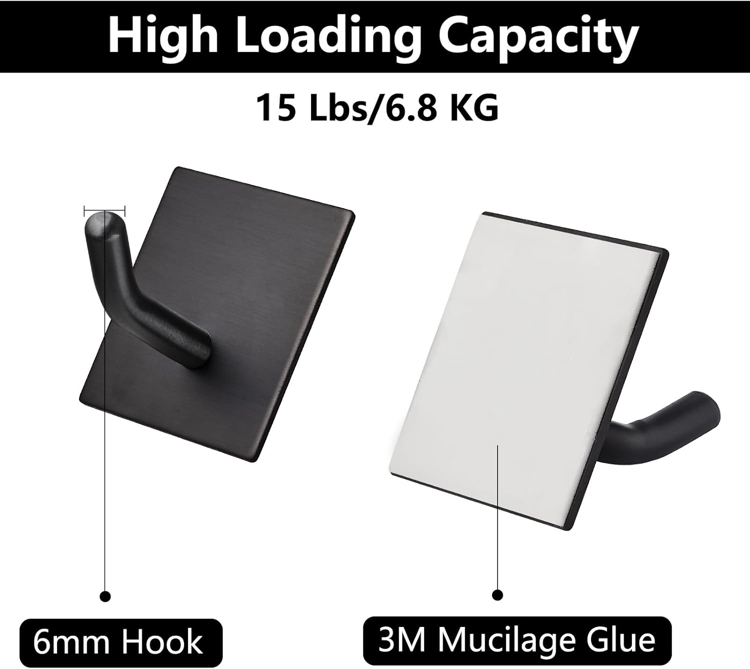 FOMANSH Heavy Duty Stainless Steel Adhesive Hooks, 6 Pack Black, Modern Design, 15Lbs Capacity, Wall Mount, Kitchen Bathroom Home Office Use image number 2