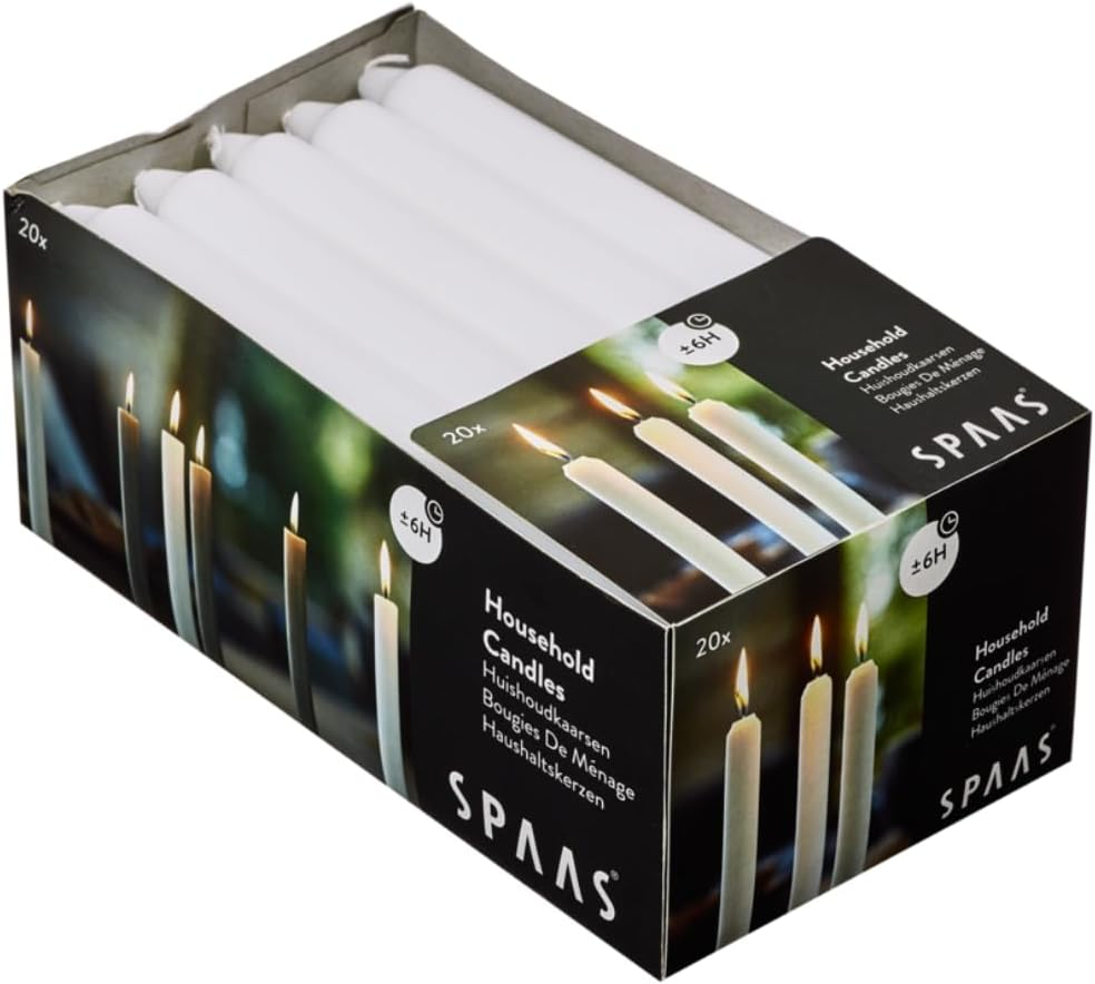 Spaas 20 Household Tapered Dinner Candles 19/180 Mm, &plusmn; 6 Hours, Unscented, White image number 1