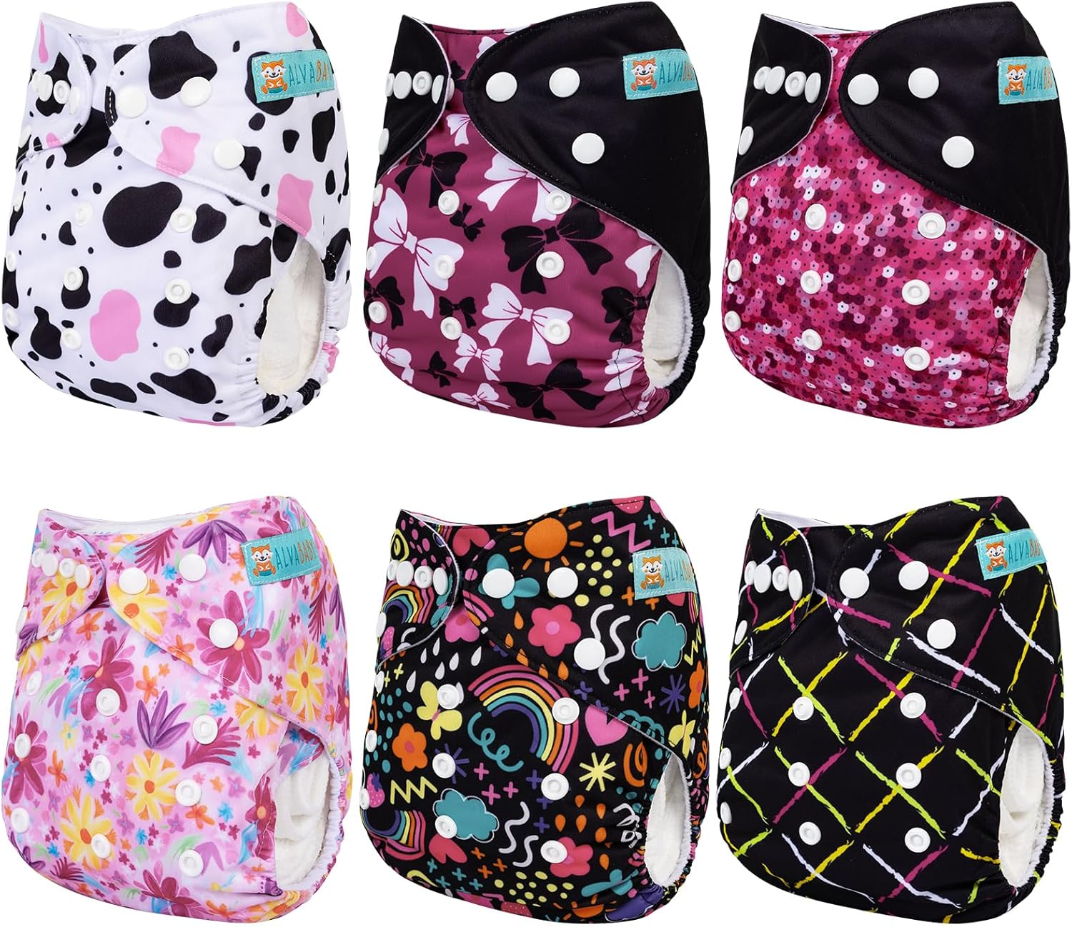 ALVABABY Baby Cloth Diaper 6 Packs with 12 Inserts Cloth Diaper Covers Adjustable Washable Reusable for Baby Girls Boys 6DM70A-L-AU image number 1