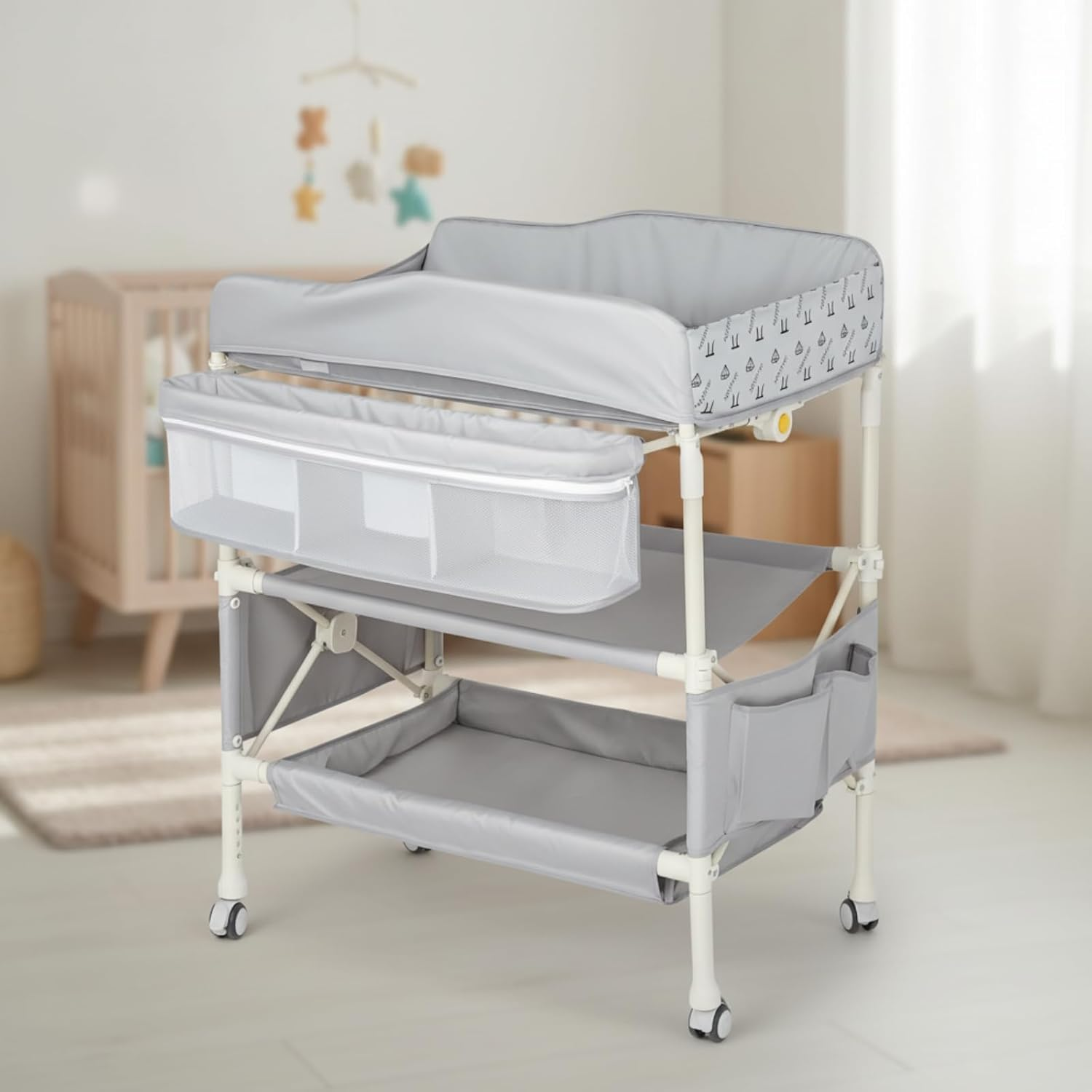 Baby Changing Table, 4-In-1 Infant Diaper Station with 4 Adjustable Height & Large Storage Basket, Foldable Nursery Organizer with 4 Lockable Wheels & Safety Belt for Toddler Newborn image number 5
