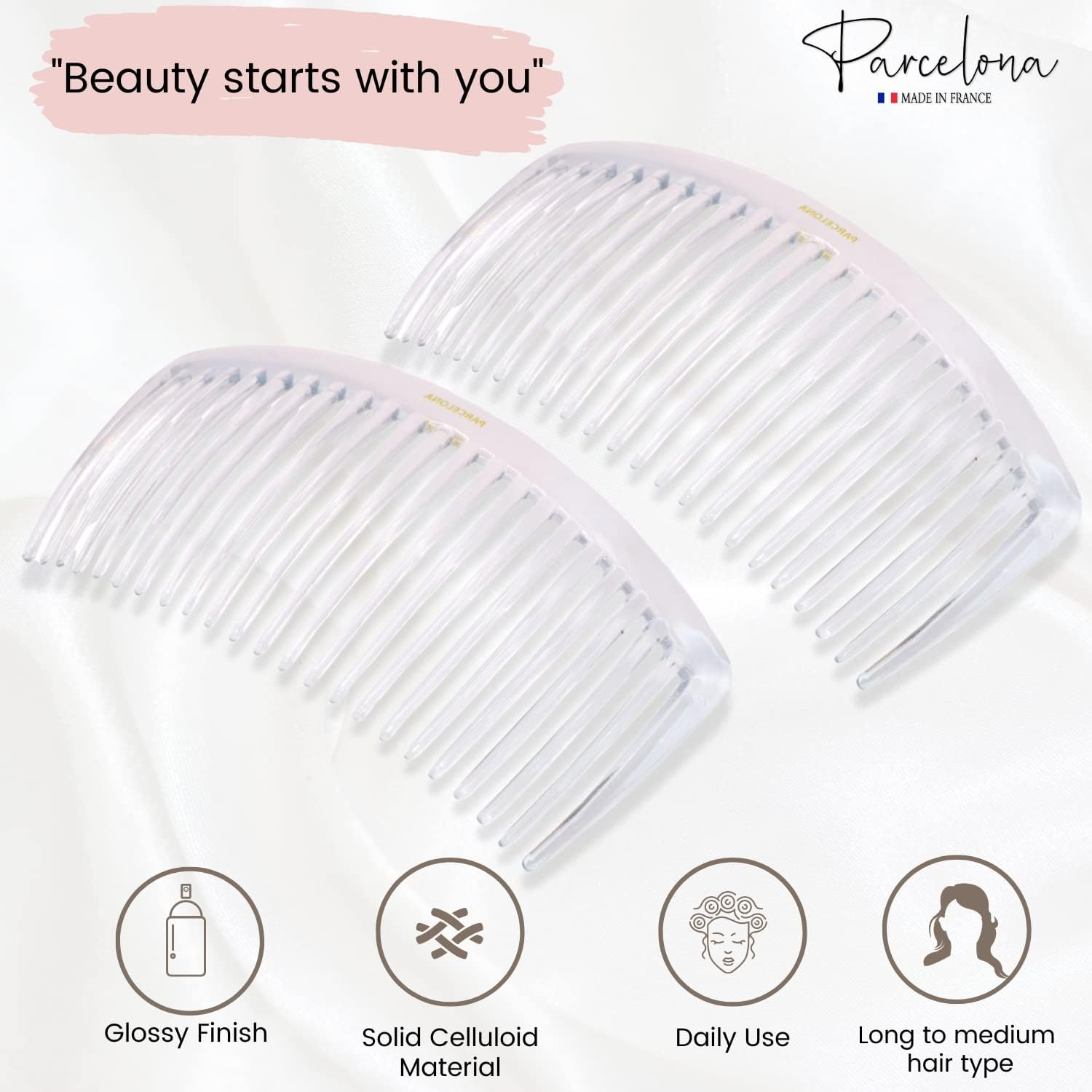 Parcelona French Pair of Clear Crystal Color Large Glossy Cellulose Acetate Good Grip Updo 23 Teeth Hair Side Combs 4.25 Inch - Brown image number 6