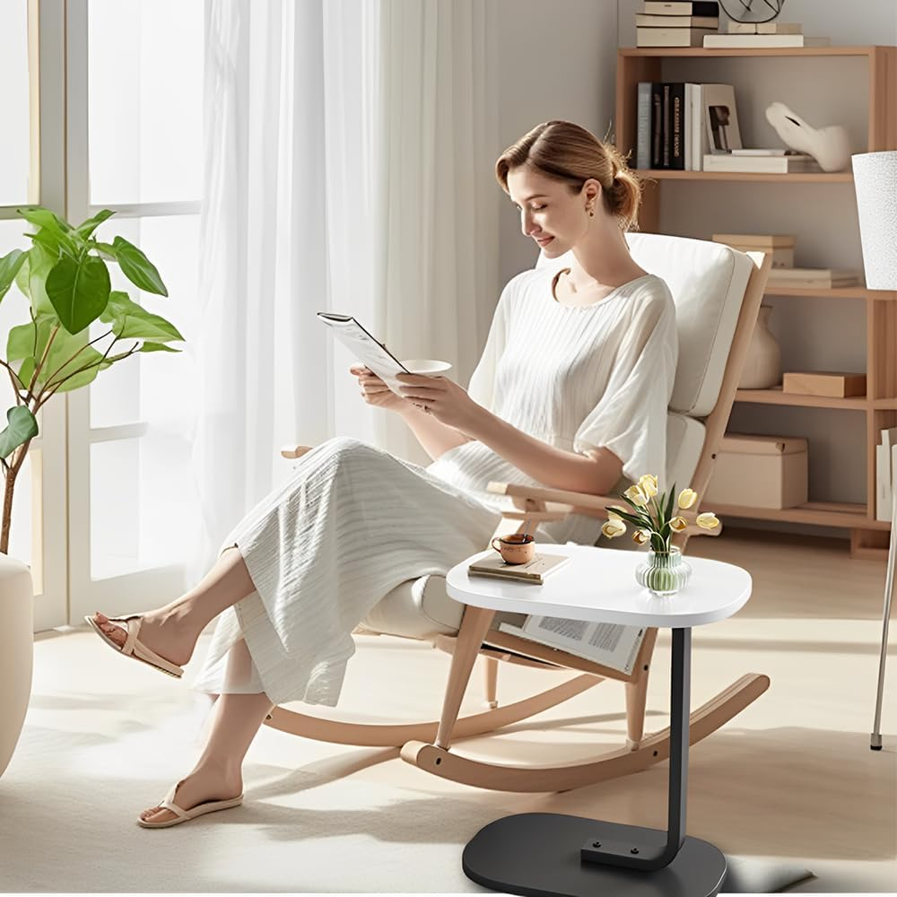 TOMVAES End Table Sofa Side Table Standing Desk Coffee Table with Rigid Steel Pipe C Shaped round Desktop Night Stand for Livingroom, Bedroom (Wood) (White) image number 6