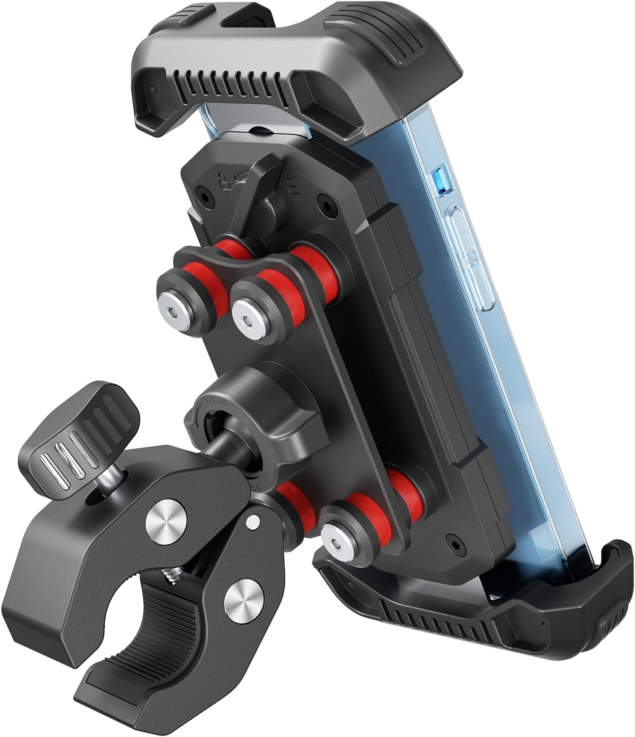 Tounee Bike Motorcycle Phone Holder Mount -Dual Vibration Dampener, Tool-Free Handlebar Clip & Secure Lock for Iphone 16/15 Pro Max, 4.7-6.9" Phones - Black image number 2