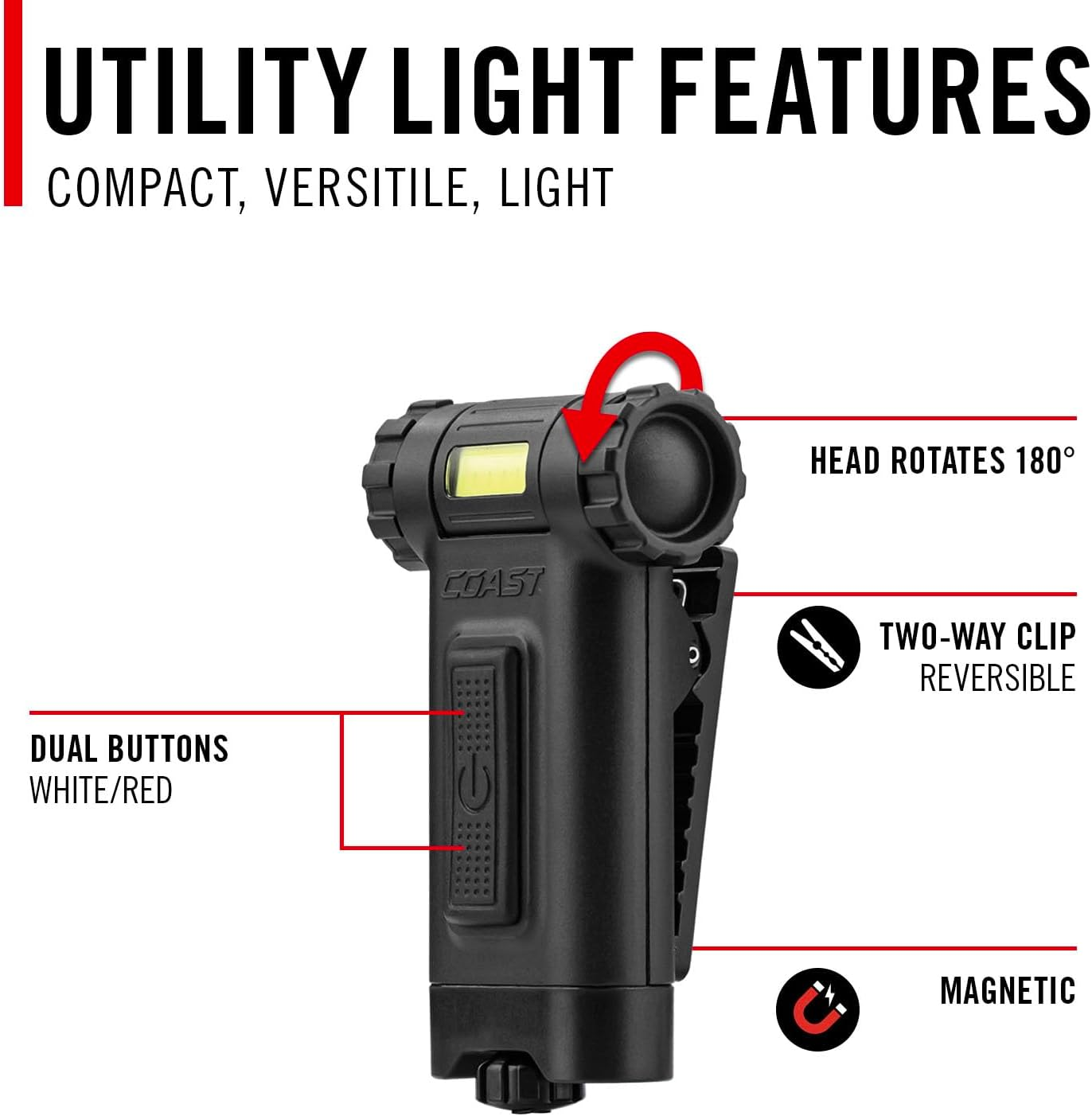Coast HX4 80 Lumen Dual Color (White & Red) Magnetic LED Clip Light with Beam Rotation, Black image number 4