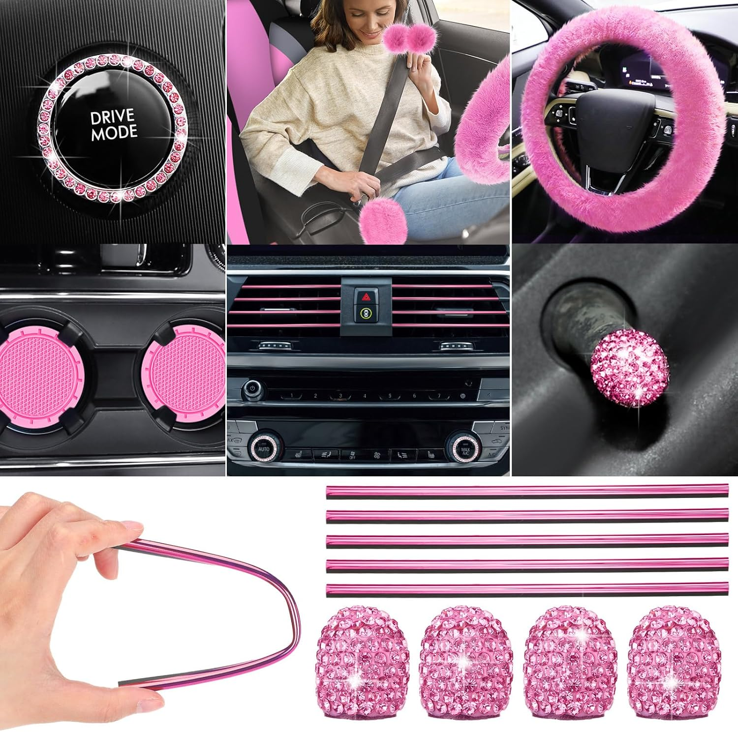 ROCEEI 43 Pcs Pink and Black Car Seat Cover Full Set for Women Christmas Fuzzy Car Accessories Fluffy Steering Wheel Cover Front Rear & Belt Handbrake Shift Accessory for Winter - Grass Green image number 5