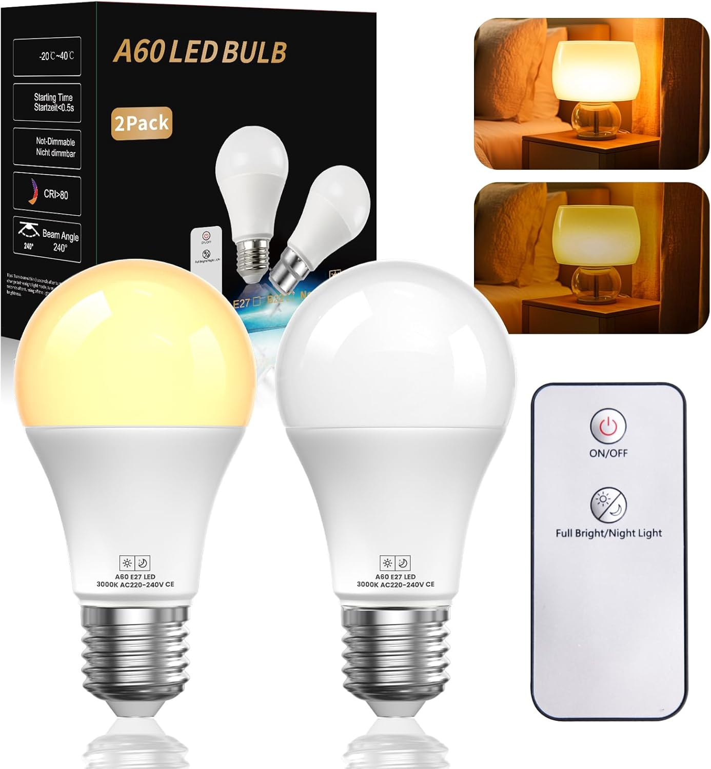 Lamptobe A19 E27 LED Light Bulb, 9W 600LM Full Bright Mode & 0.8W 60LM Night Light Mode, Energy Saving E27 LED Bulb for Home Lighting - 3000K Warm White - Pack of 2 image number 3