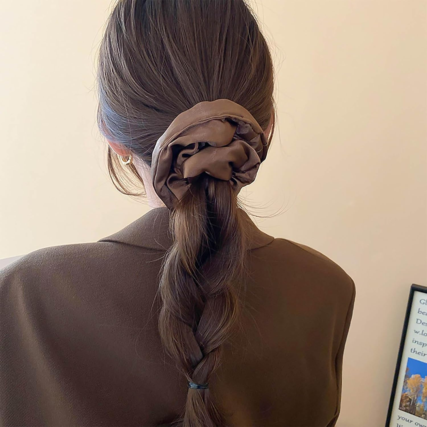 Inateannal Vintage Satin Silk Hair Bobbles Large Satin Elastic Hair Bobbles Brown Large Satin Hair Bobbles Scrunchy Oversized Thick Hair Bobbles Satin Ponytail Holder Hair Bands image number 1