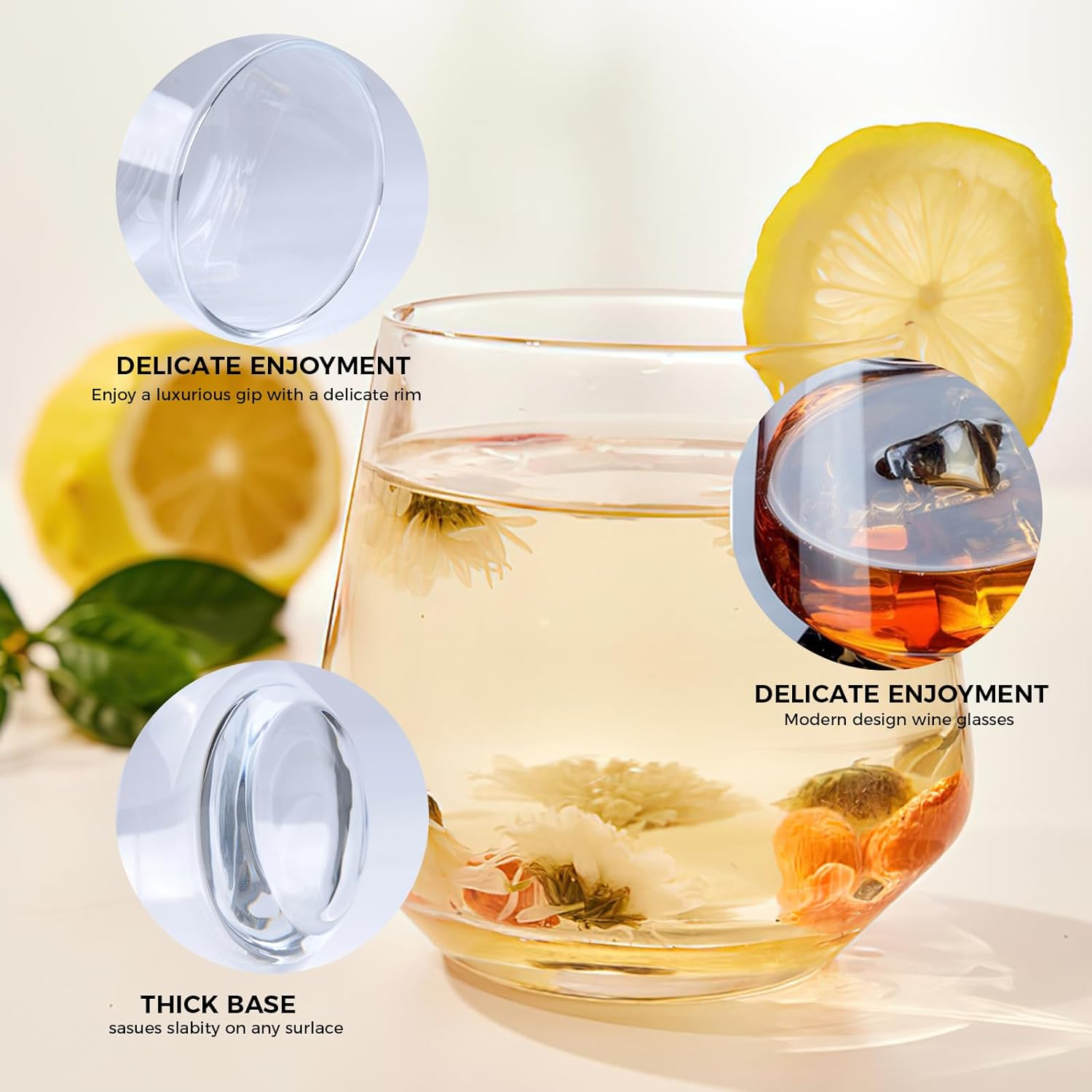 XURUIAU 6Pcs Stemless Wine Glasses for Red, White, Rose Wine, Gin, Cocktail，410Ml，Modern Design Drinking Glasses Set image number 5