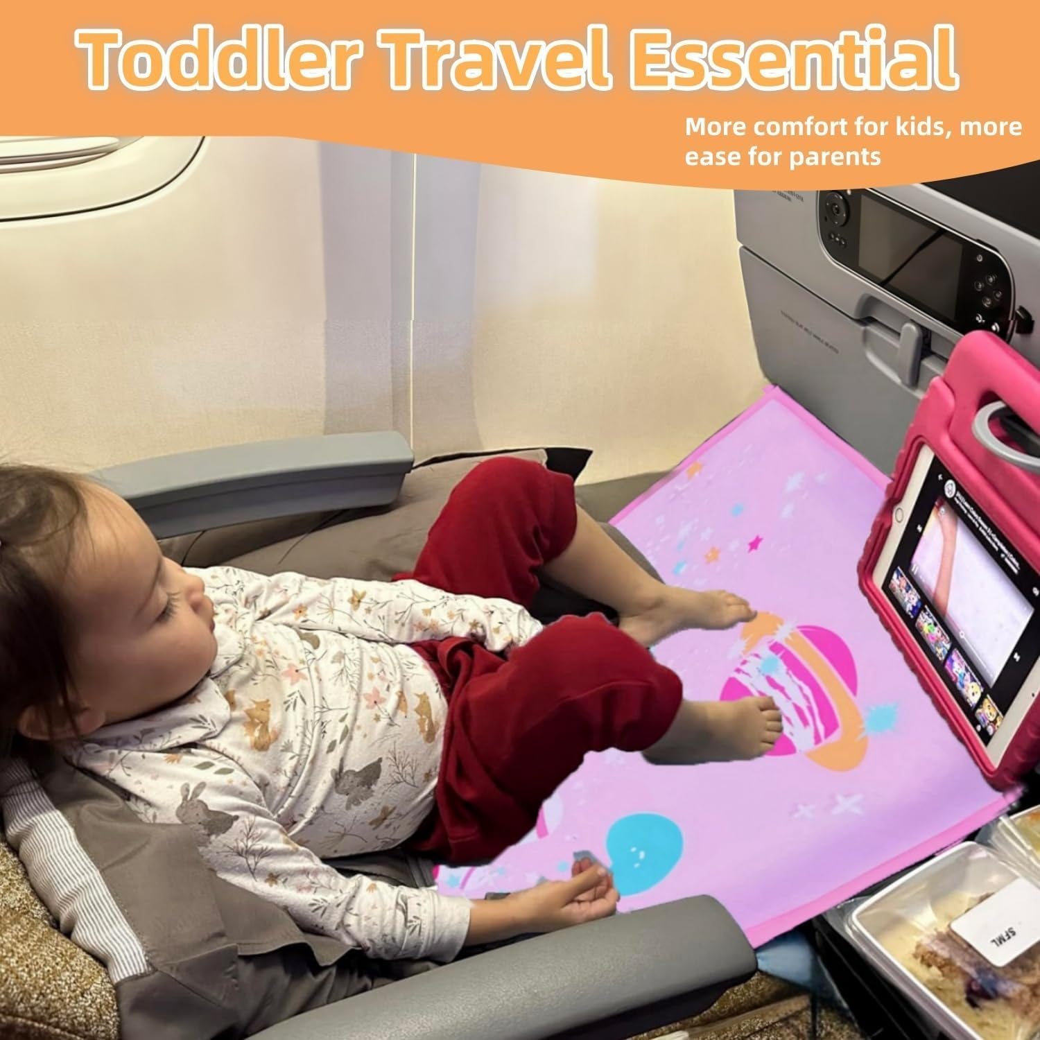 Toddler Airplane Bed, Kids Airplane Seat Extender Travel Bed, Kids Airplane Travel Essentials, Airplane Must Have for Toddlers, Portable Plane Bed Foot Rest for Flights (Starry Sky Powder)