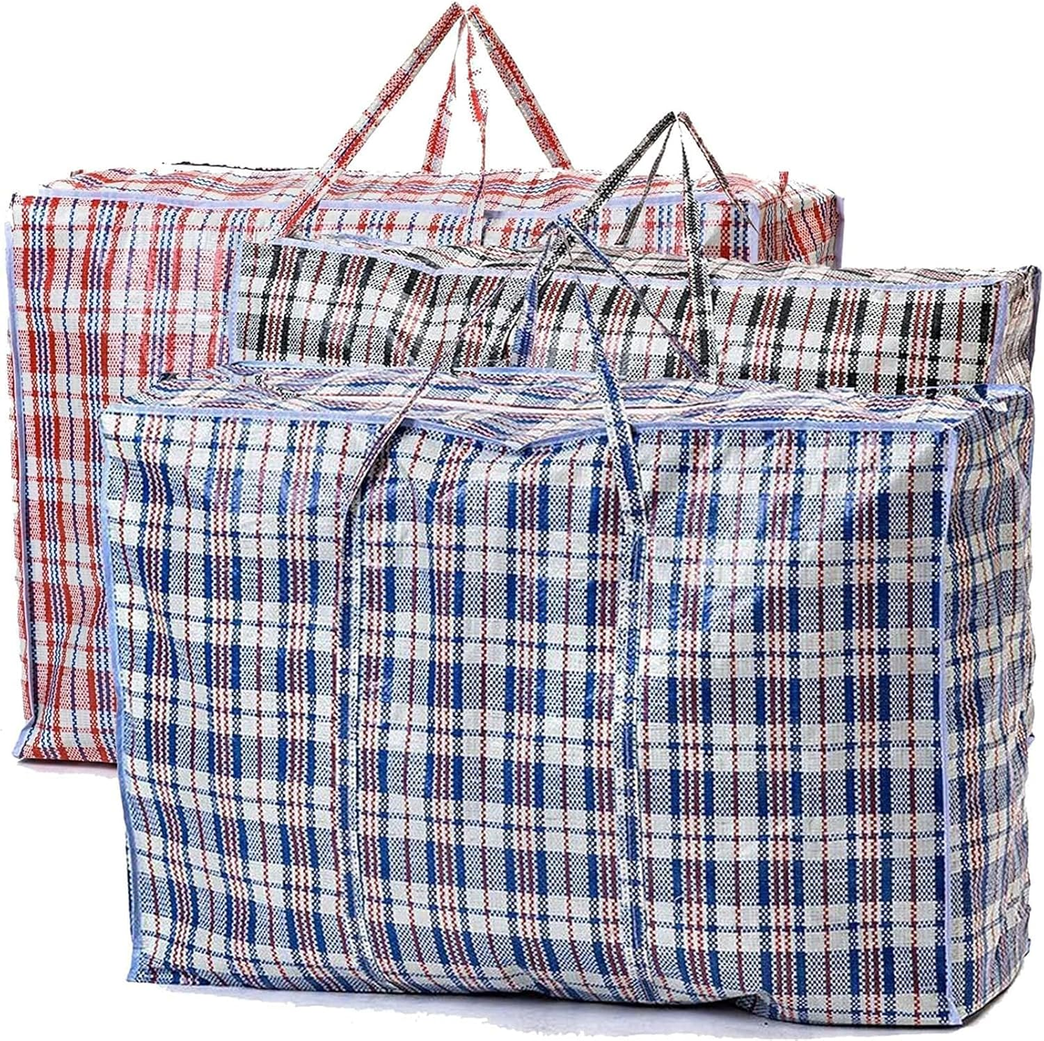 3Pcs Extra Large Laundry Bags, Strong Moving Bags with Zippers Carrying Handles, Heavy Duty Checkered Packing Bags, Reusable Store Zip Bag for Laundry Moving House Shopping Storage (80Cm X 60Cm)