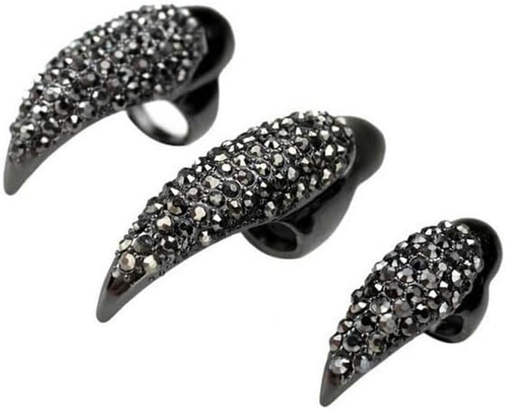 Veemoon Pack of 10 Gothic Nail Rings 3 Finger Rings False Nail Punk Style Claw Ring Cosplay Artificial Nails Crystal Rhinestone Claws for Daily Decoration and Cosplay Party Black 2S/6M/2L image number 3