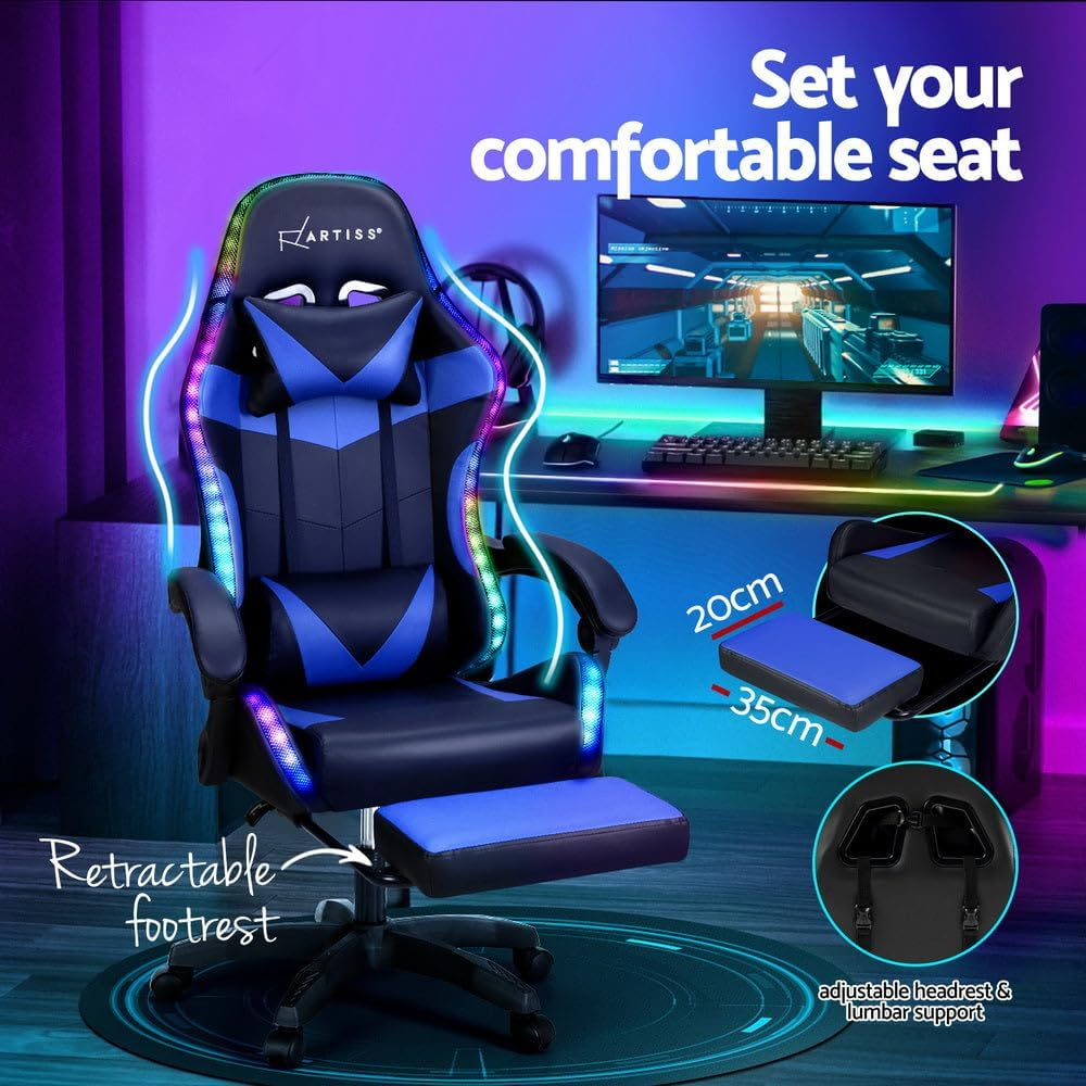 Artiss Massage Gaming Chair, PU Leather 6 Point 7 LED Ergonomic Office Computer Desk Recliner Chairs Armchair for Room Executive Home, with Retracted Footrest 360&deg; Rotatable Height Adjustment Blue