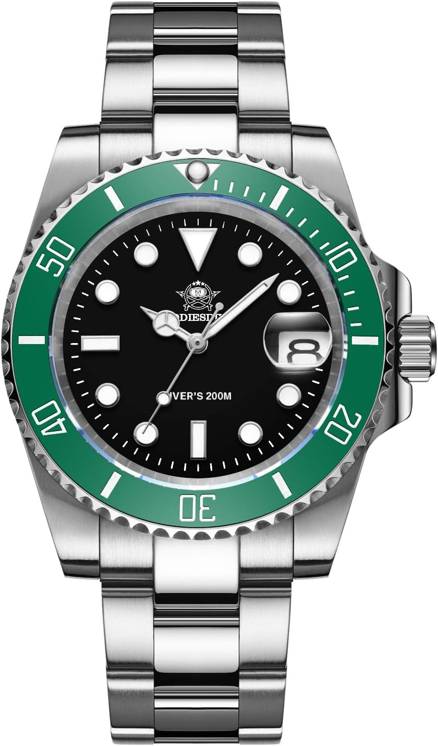 ADDIESDIVE Quartz Dive Watches for Men Diver 200M Steel Strap Analog Luminous Multicolors Dial Black Green Blue