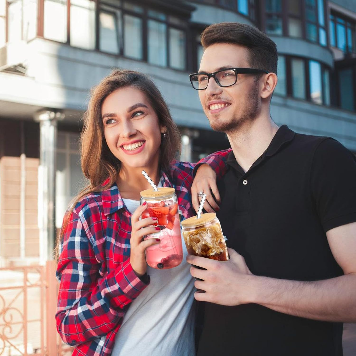 20 Oz Drinking Glasses with Bamboo Lids and Straws 2 Pack, Glass Coffee Cups,Glass Tumbler for Smoothie,Cocktail,Whiskey,Soda,Matcha-2 Glasses Straw 2 Brush image number 2