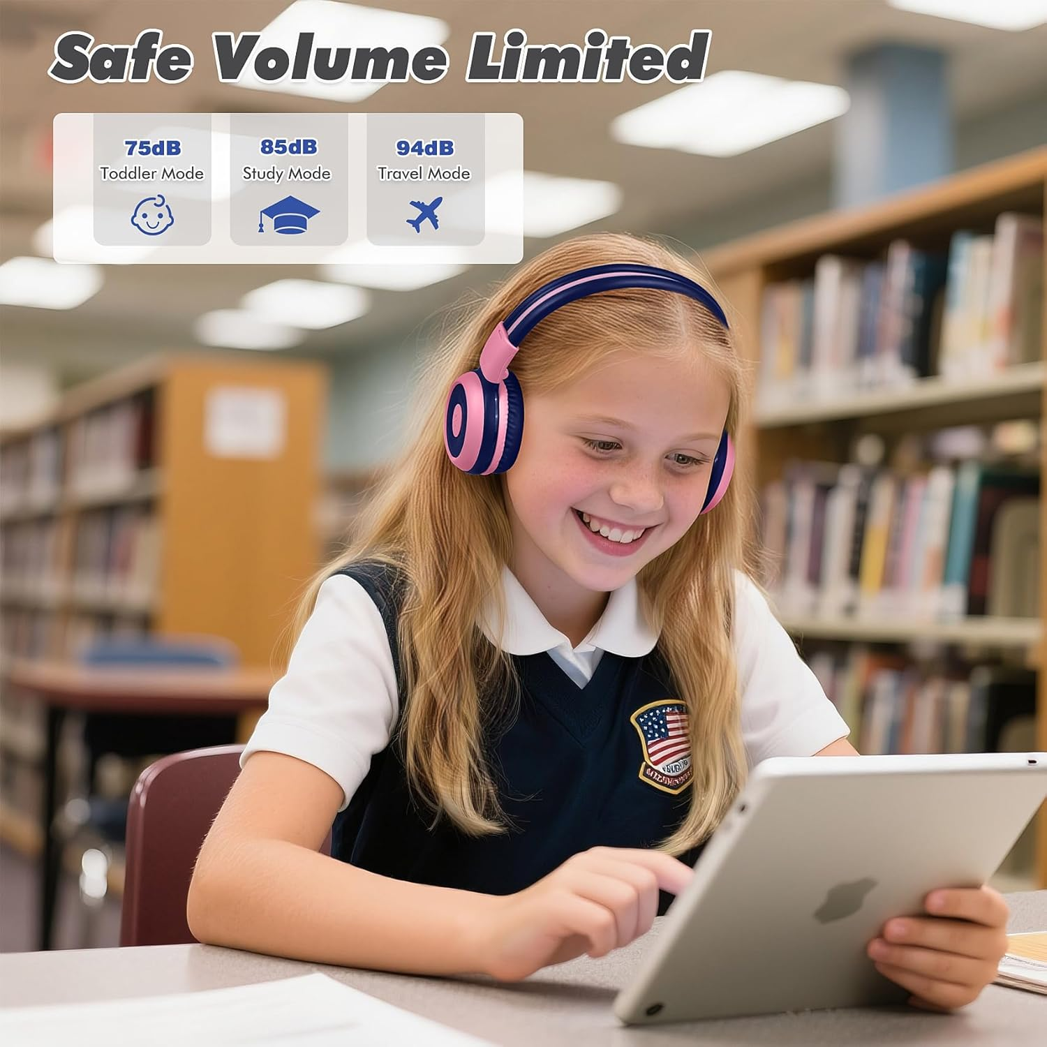 SIMOLIO Kids Headphones Bluetooth with 75Db,85Db,94Db Safe Volume for Hearing Protection, Wireless Headphone for Kids with Mic & Share,Foldable Kids Headset with In-Line Audio Control for Girls (Pink) image number 1