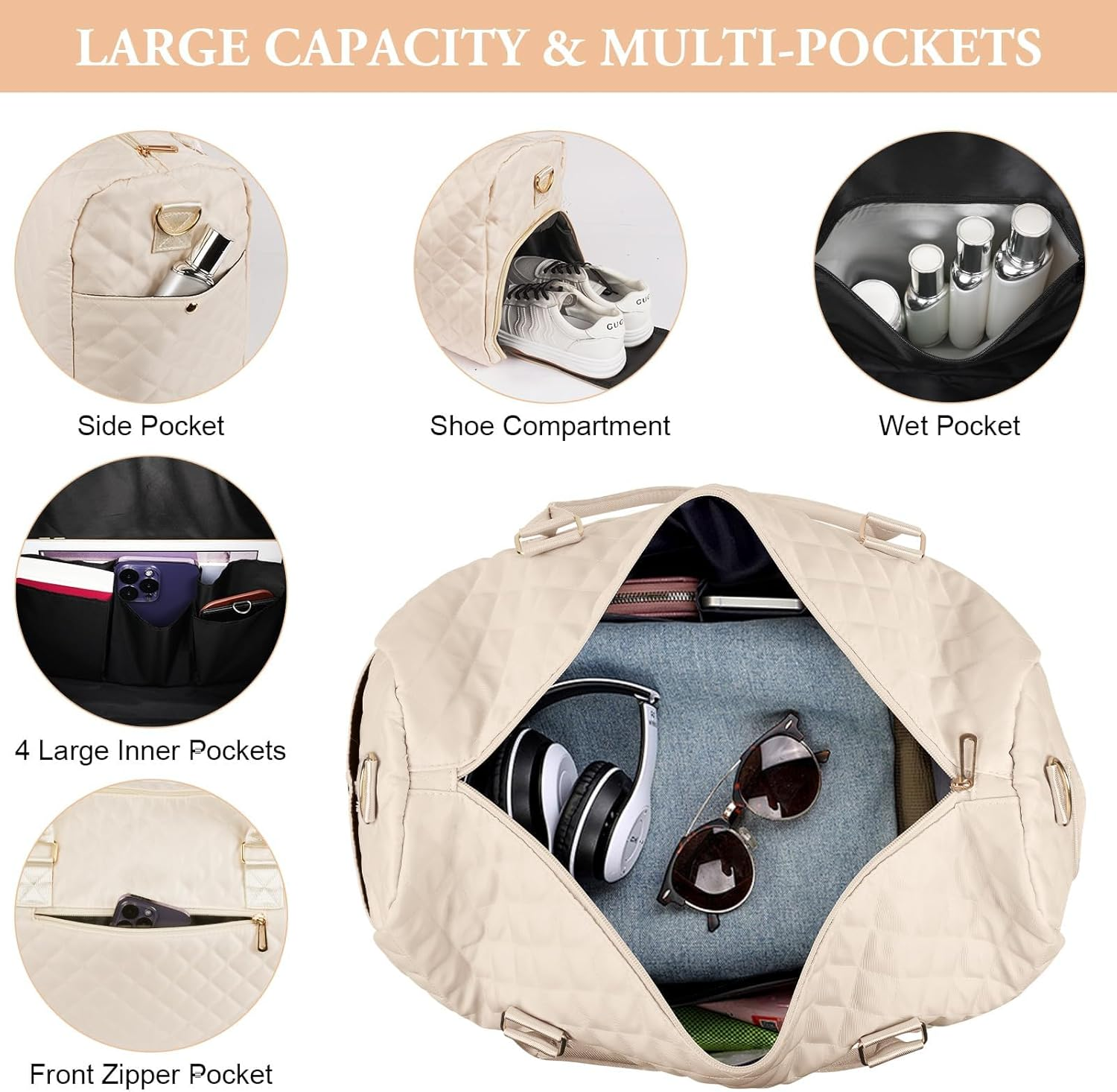 Epzia Women'S 50L Duffle Bag for Travel Gym & Sports - Weekender Carry on Bag with Shoe Compartment, Wet Pocket & Toiletry Bag | Hospital Overnight Bag for Labor Delivery, Travel Duffel Bags Beige