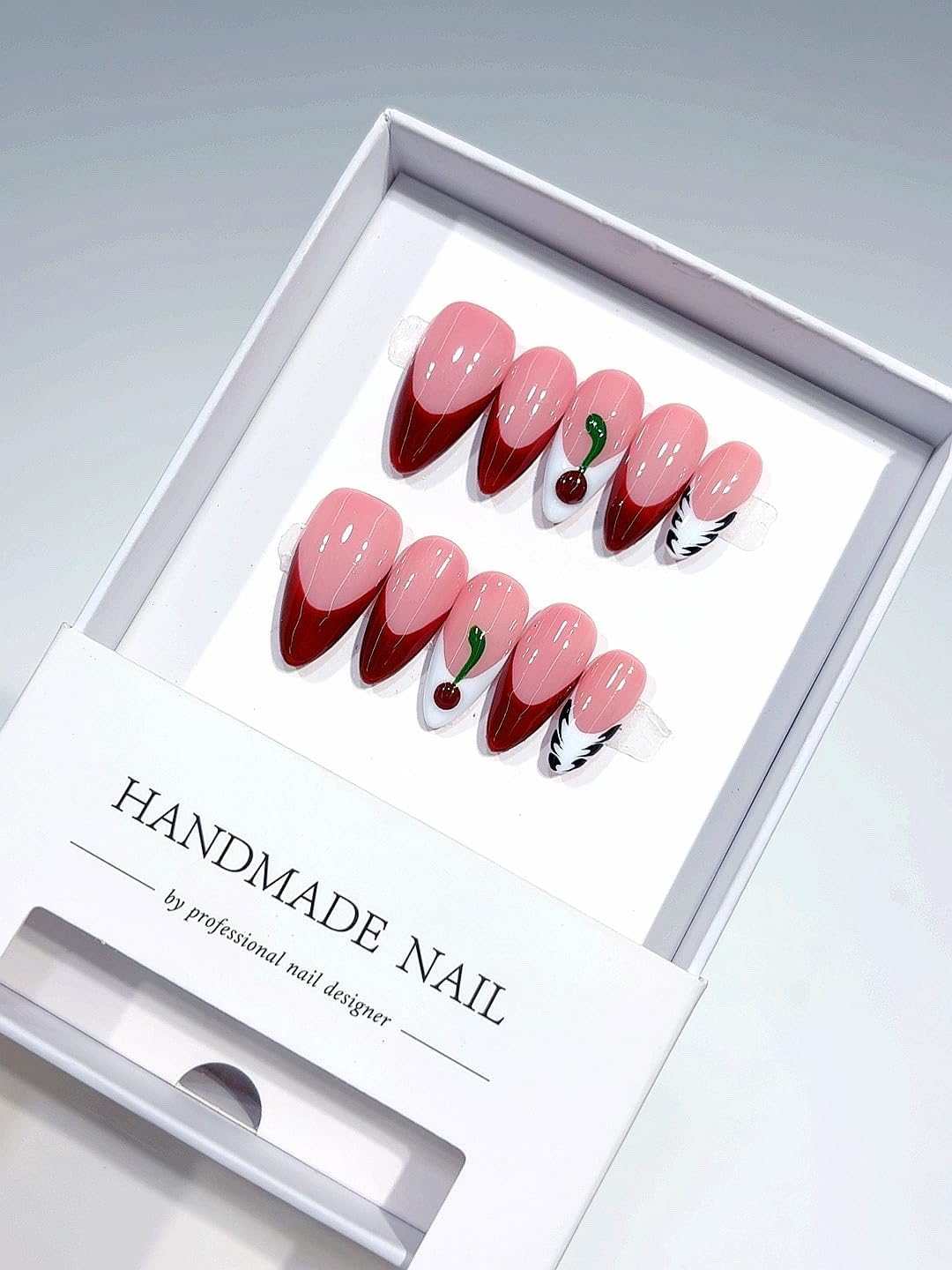 Handmade Nail Press-On Nails, Pink and Red French Tips with Cherry Design, Professional Salon Quality, 10 Piece Set (B112, Long) image number 1