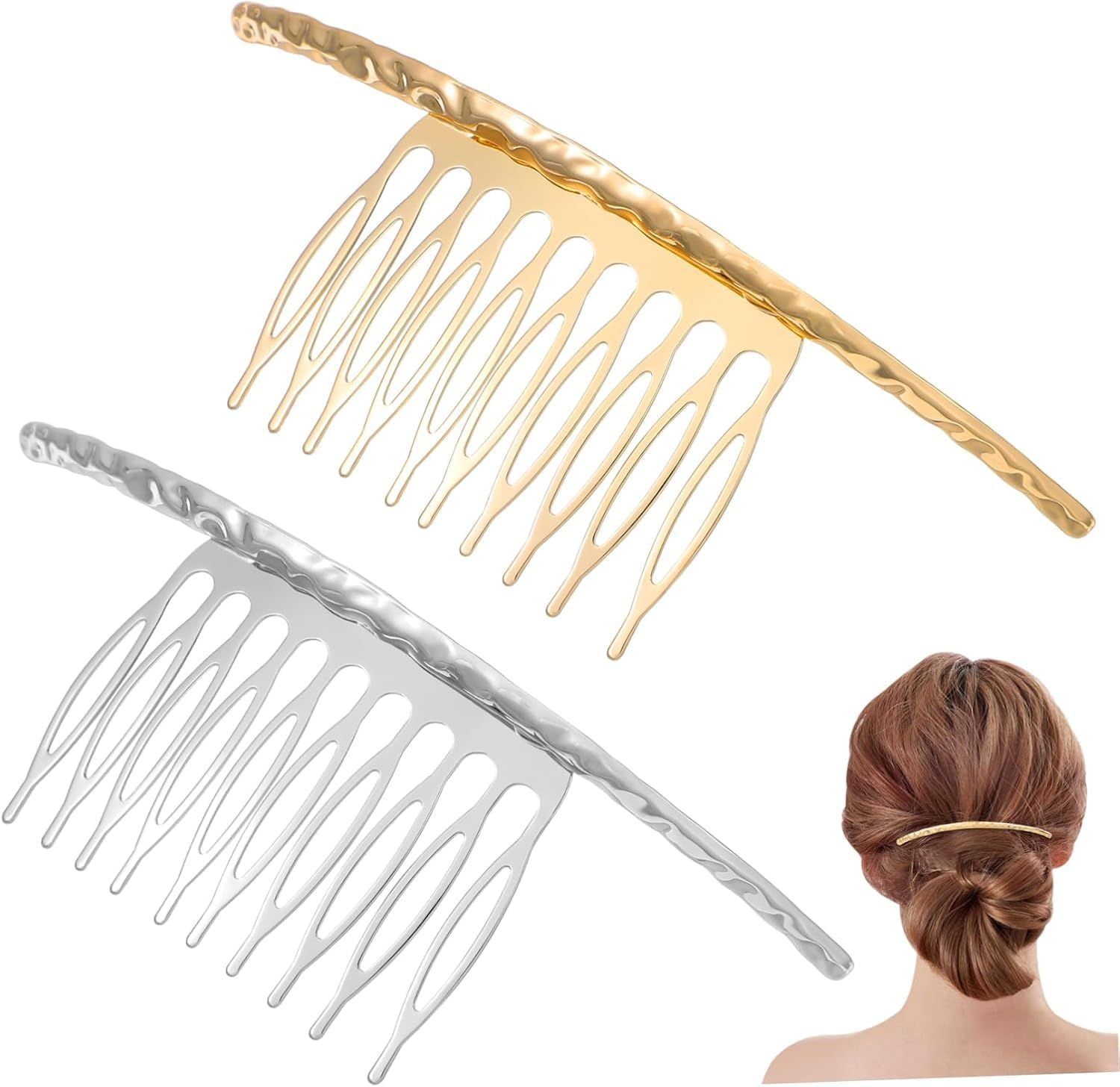 2Pcs French Twist 10 Teeths Comb Alloy Metal Bridal Wedding Hair Side Comb Headpiece Hair Jewellery Fashion Accessory for Women Girls, Gold and Silver image number 1