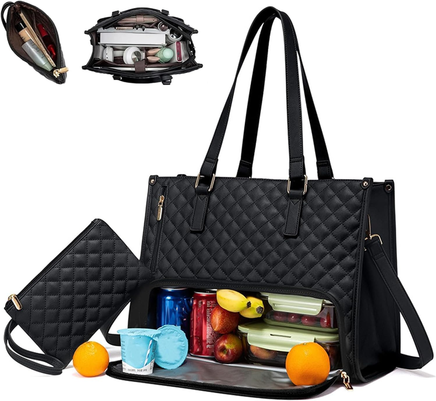 Insulated Lunch Tote Bag for Women with Wallet &ndash; Stylish Work Tote Bag with Leakproof Compartment &ndash; Quilted Lunch Bag for Office, Travel, or Picnic &ndash; Large Capacity Lunch Box Bag