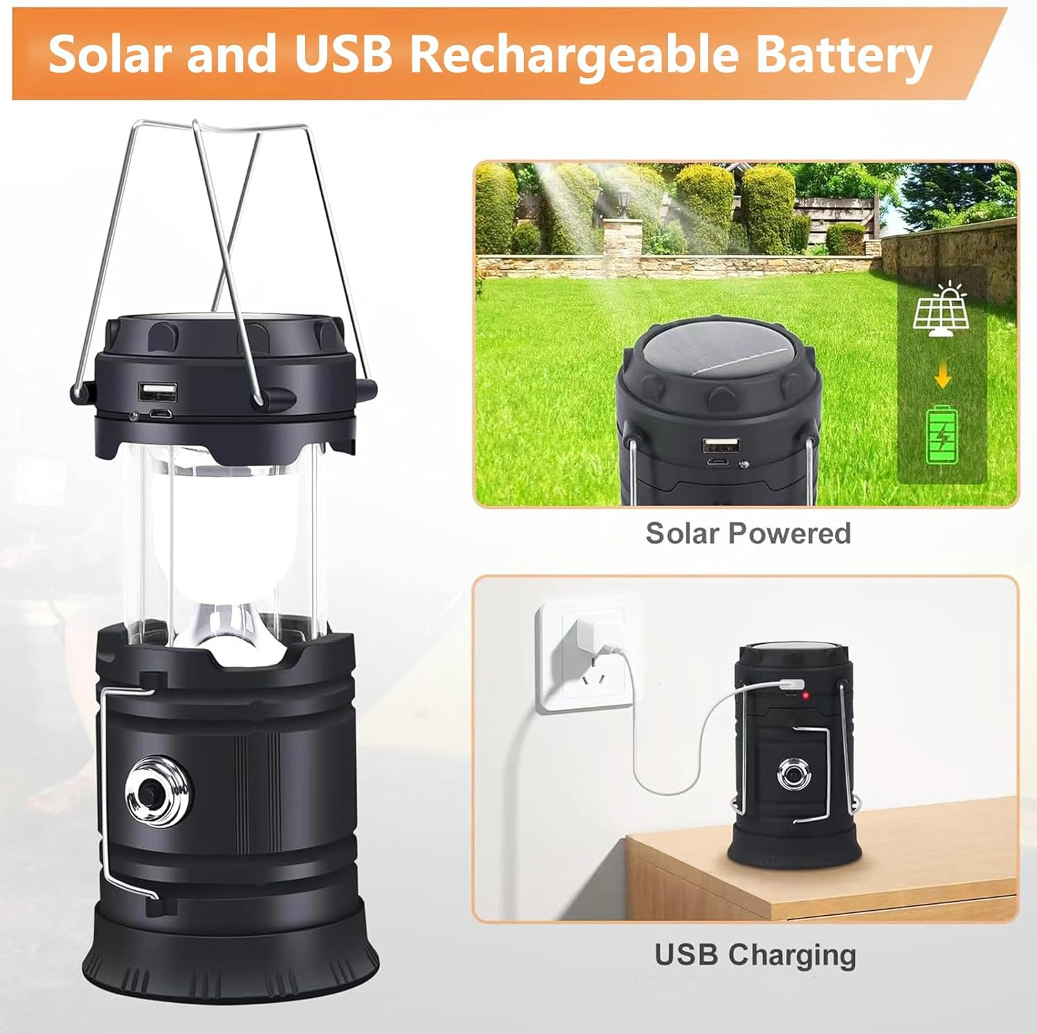 Collapsible Portable Solar Camping Lantern, USB Rechargeable LED Flashlight Survival Kits for Wild Camping Home Emergency Light Power Outages Hiking Hurricane (1 Pack) image number 6