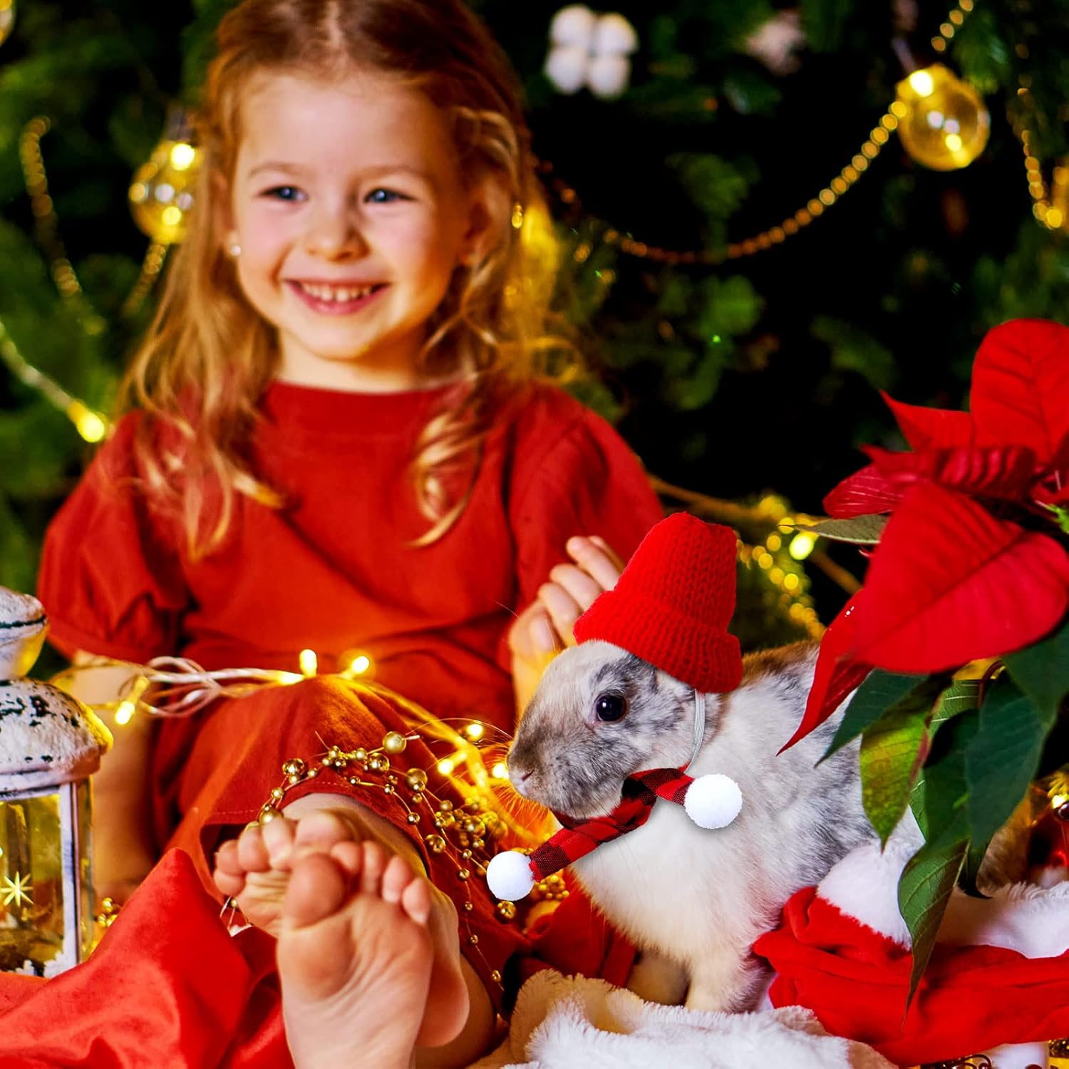 12 Pieces Small Animal Christmas Costume Mini Santa Hat and Scarf Xmas Guinea Pig Adjustable Warm Stripe Knit Scarf and Buffalo Plaid Hat for Rabbit Hamster Guinea Pig Bunny Chinchilla Small Pets