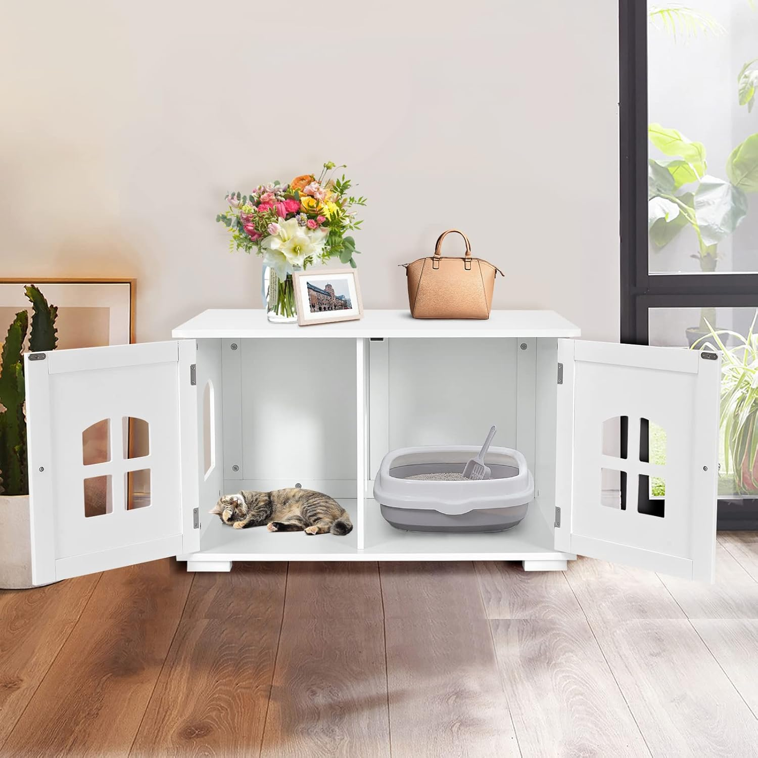Costway Cat Litter Box Enclosure Furniture Hidden, Wooden Washroom Storage Cabinet Bench W/Cross Windows, Doors&Arched Doorway, Indoor Cat House, Pet House Cover, Side Table for Living Room, Bedroom image number 1