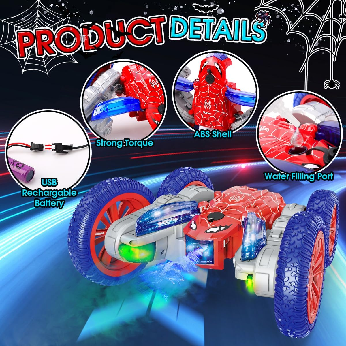 Spider Remote Control Car, 2.4Ghz RC Cars with Headlights & Cool Spray，Double Sided 4WD Off-Road 360&deg; Rotating RC Stunt Car，Indoor/Outdoor Rechargeable Spider Toy Car for Boys Age 4-6 5-7 8-13