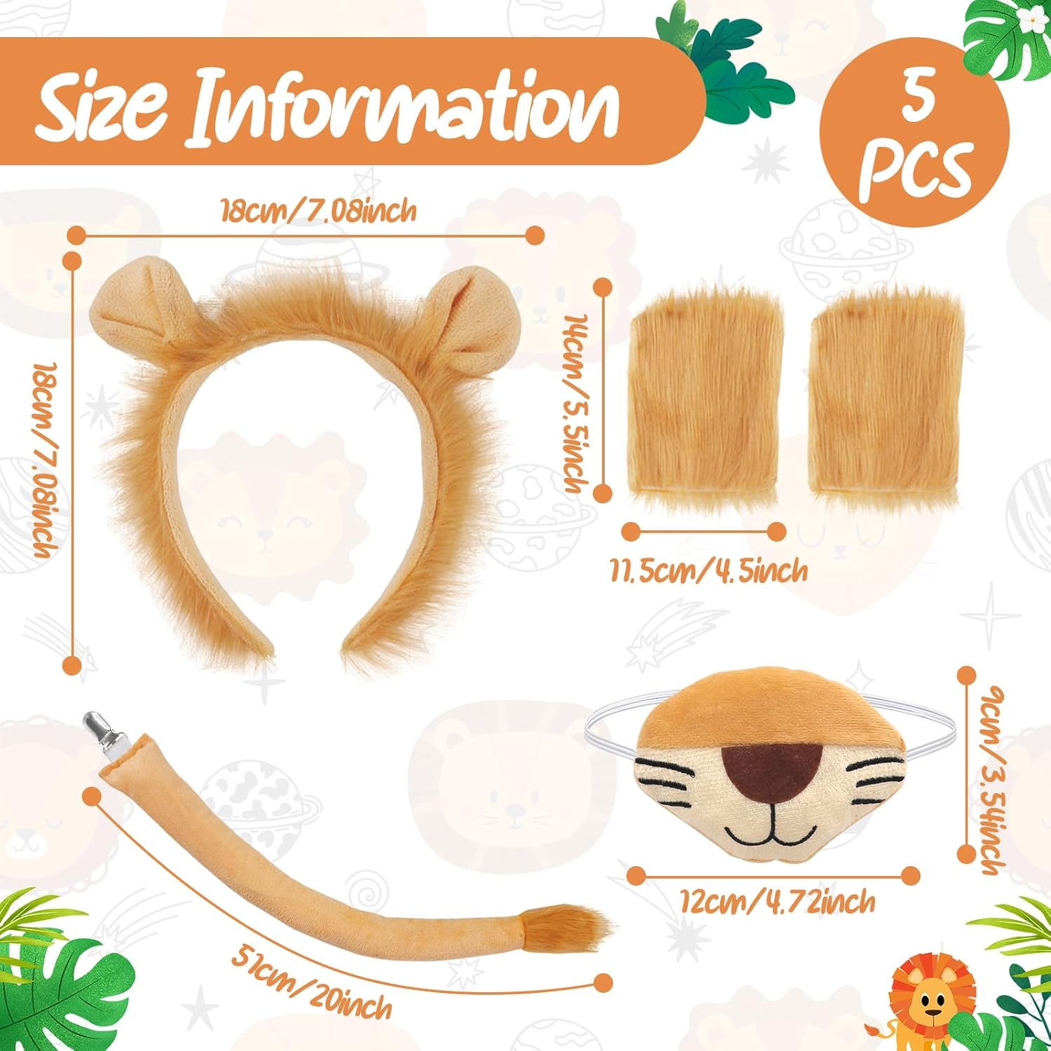 5Pcs Lion Fancy Accessories, Costume for Adults Kids - Headband Mane, Gloves, Tail, Nose - Animal Cosplay Costume Accessories for Halloween Fancy Dress image number 4