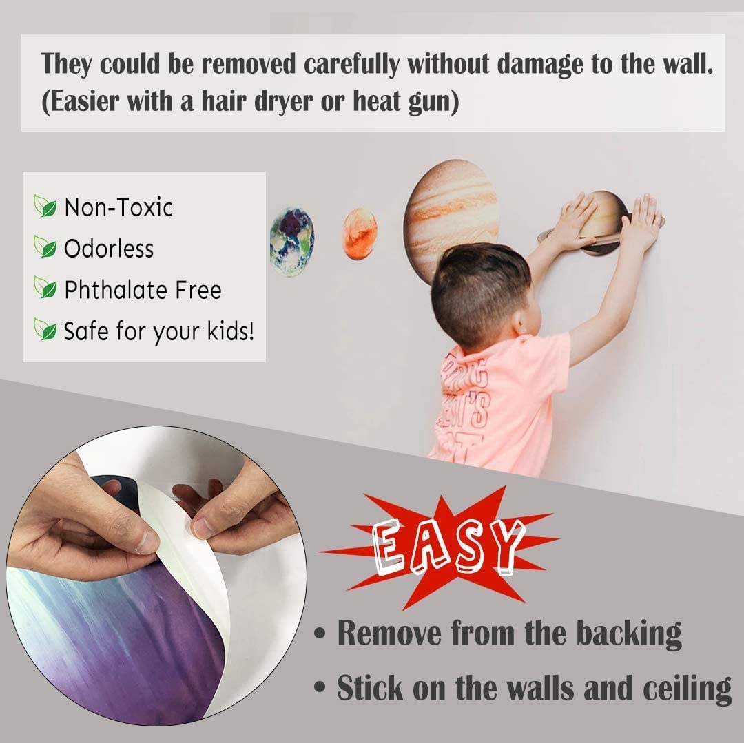 Glow in the Dark Stars and Planets, Bright Solar System Wall Stickers -Sun Earth Mars,Stars,Shooting Stars and so On,9 Glowing Ceiling Decals for Bedroom Living Room,Shining Space Decoration for Kids image number 2