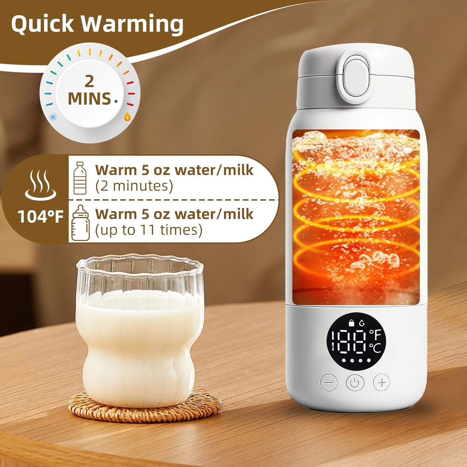 Bottle Warmer for Travel - 500ML Baby Bottle Warmer with 2-Min Heating, Precise Temp Control (98&deg;F-158&deg;F) & IPX6 Waterproof Design | Bottle Warmer On-The-Go for Car, Airplane, Outdoor
