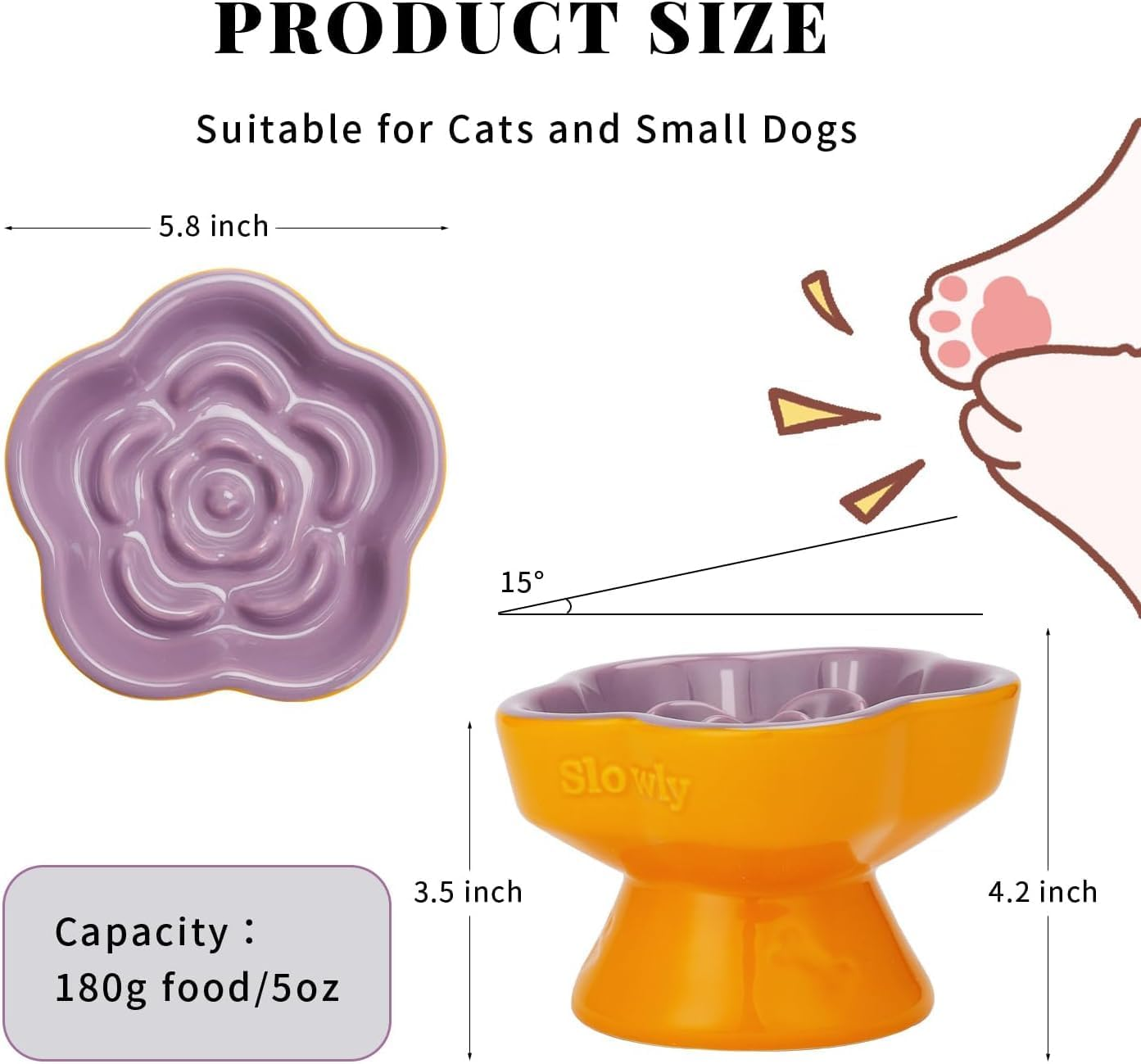 ZHUIYIWIN Sunny Wisteria Anti-Slinging Bowl for Cats, Ceramic Dog Bowl for Cats and Small Dogs image number 1