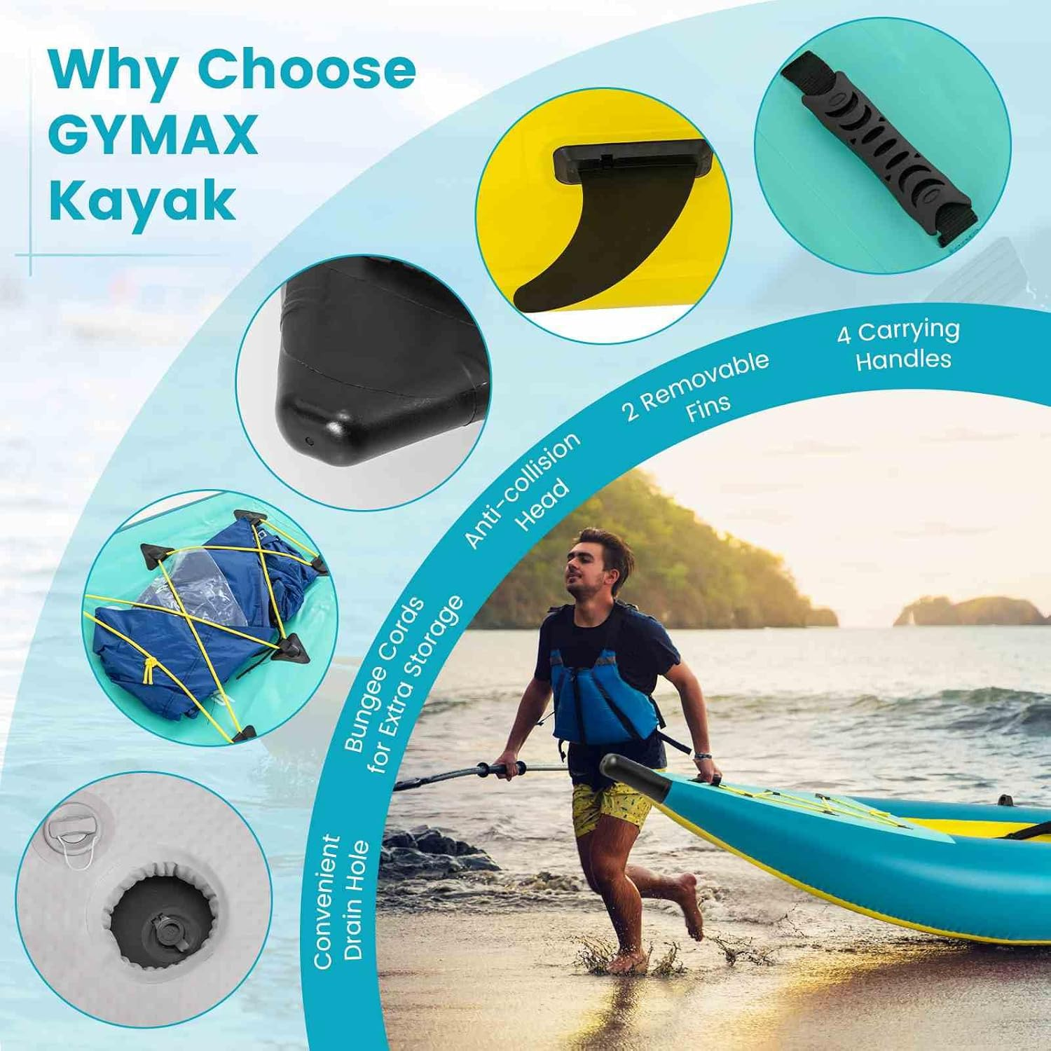 Costway Inflatable Kayak Set, 2-Person Kayak with Aluminium Oars, EVA Padded Seat, High Back Support, Hand Pump & Repair Kit, 230 Kg Weight Capacity, Portable Kayak with Carry Bag - Blue image number 5