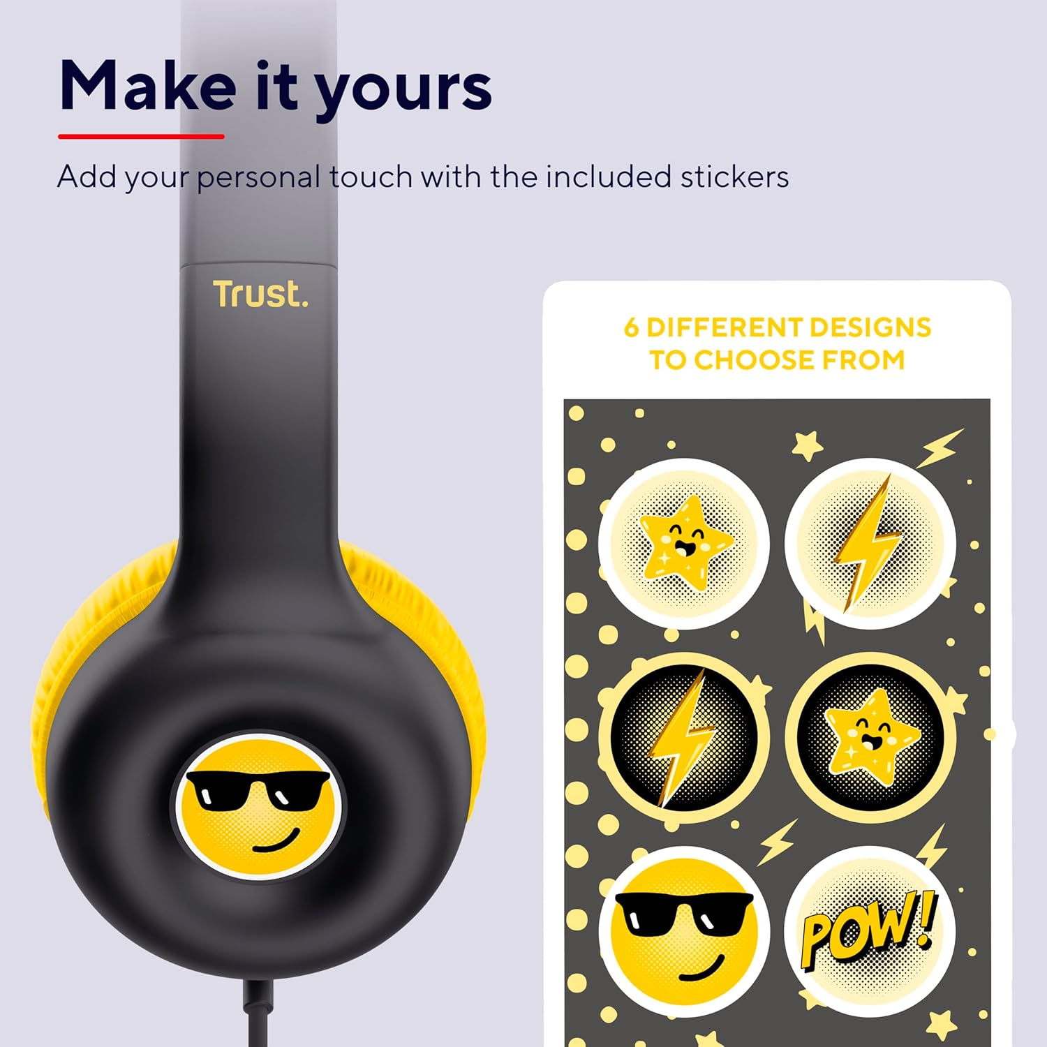 Trust Nouna Kids Headphones Wired with Safe Volume Limit (85Db) for Boys and Children Age 4-10, on Ear Foldable Headset with In-Line Microphone, 3.5Mm Connection, Stickers Included - Black - Blue image number 5