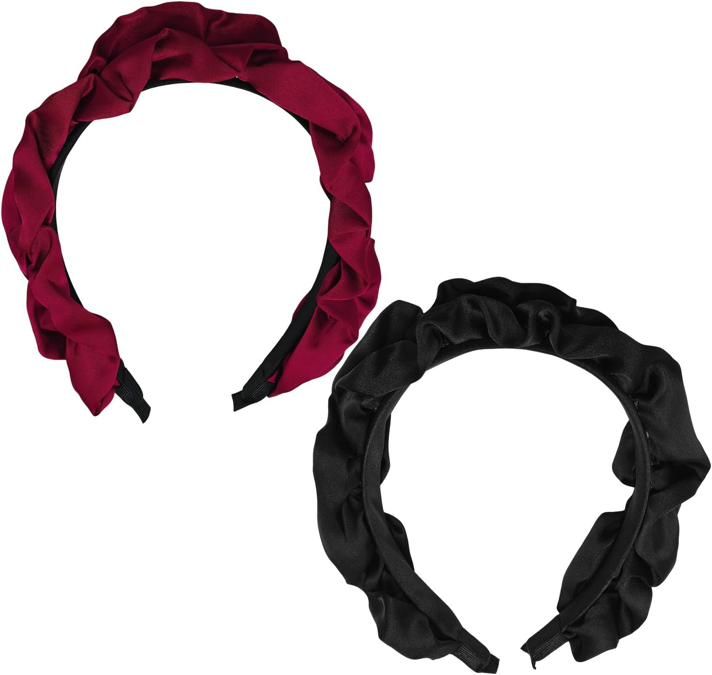 Pack of 2 Pleated Headbands, Headbands for Women, Satin Headbands, Retro Headbands, Simple Versatile Headbands (Black, Red) image number 5