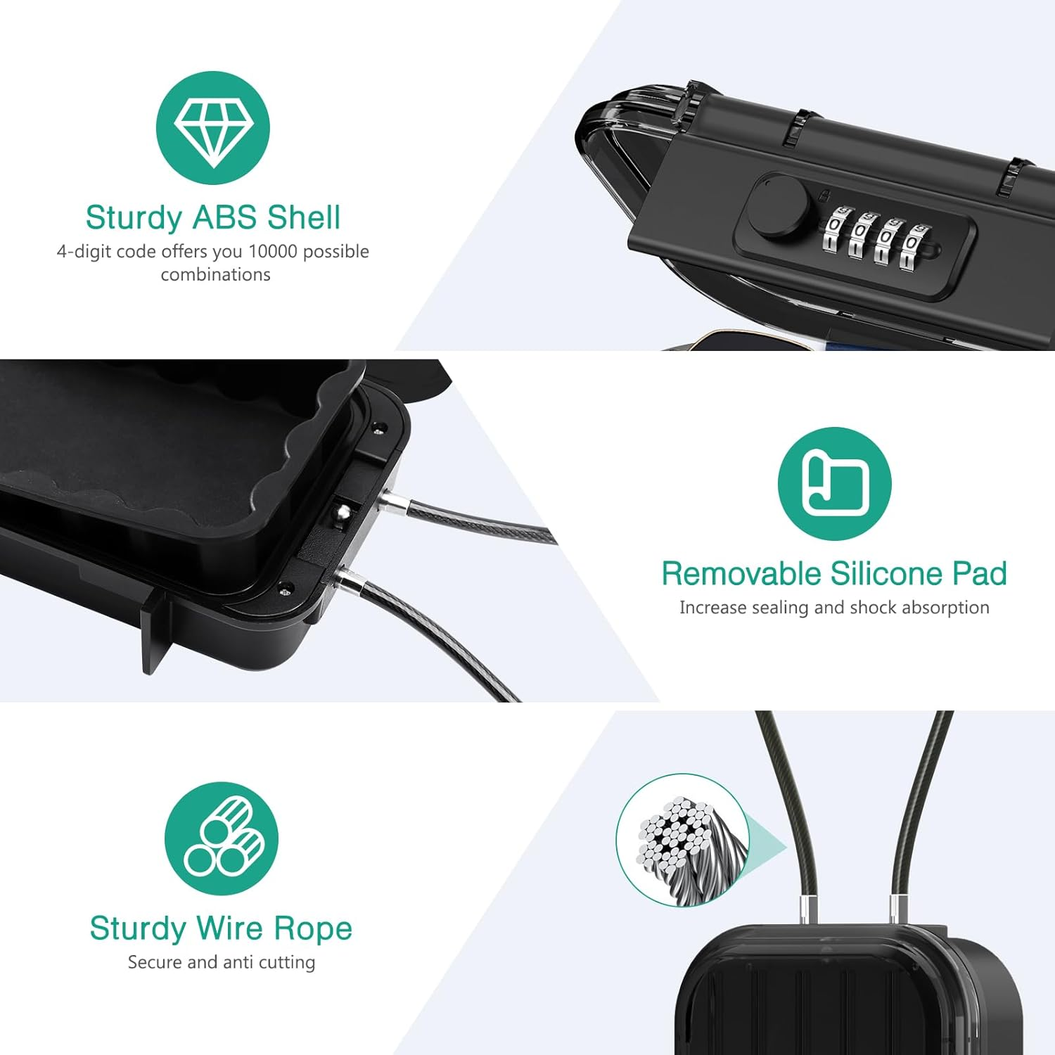 ORIA Portable Safe Box, Combination Security Case, Waterproof Security Travel Lock Box with 4-Digit Code, Detachable Wire Rope, Anti-Theft Key Storage Lockbox for Phone, Card, Home, Hotel, Beach