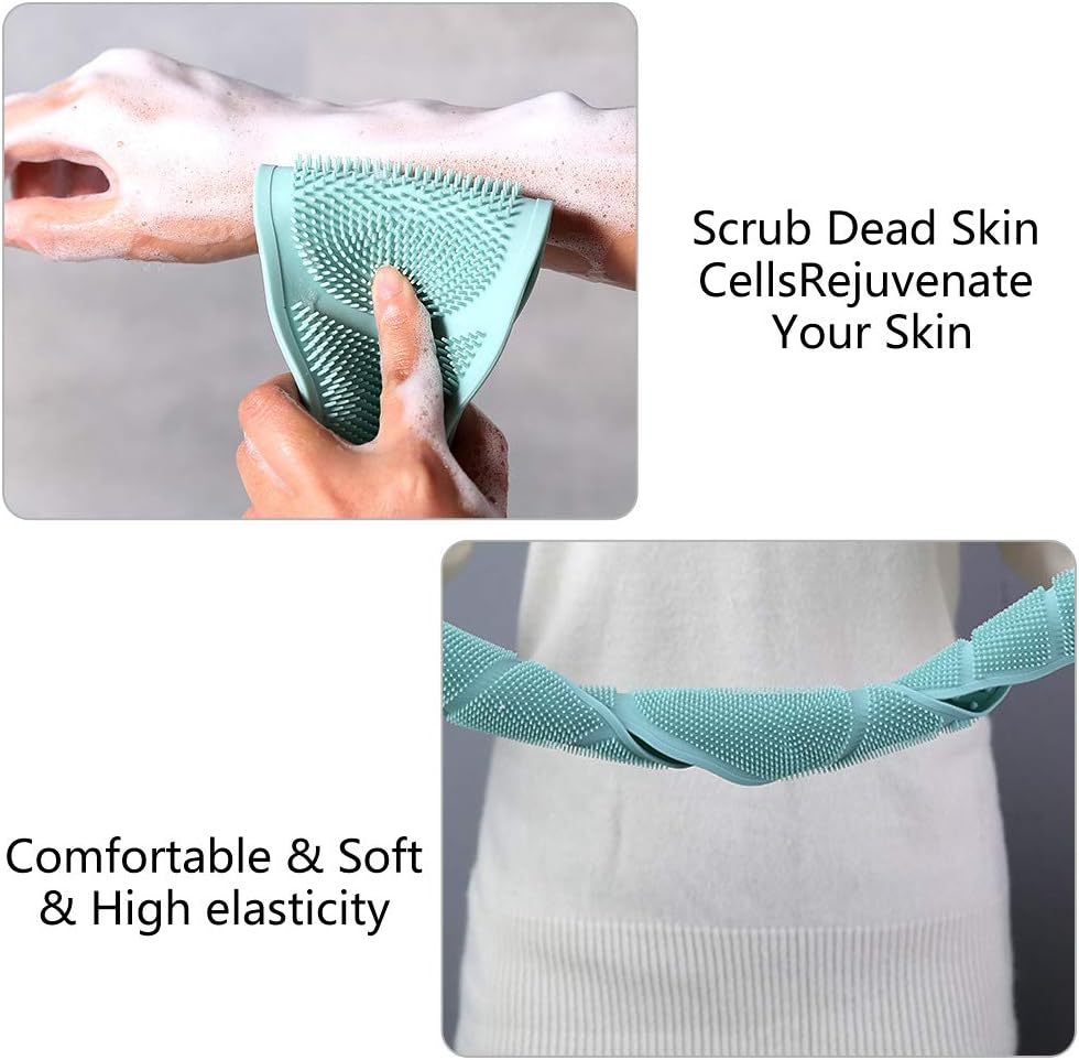 Baring 2 Pieces Silicone Back Scrubber Bath Body Brush Shower Brush Exfoliating Skin Massage Scrubber and 2 Pieces Transparent Adhesive Hooks, Blue and Green image number 5