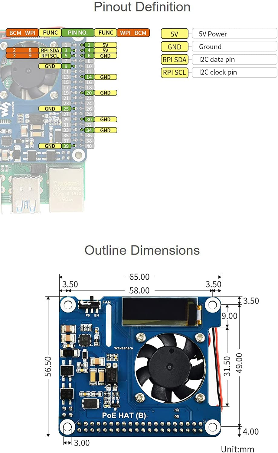 Waveshare POE Hat,Power over Ethernet HAT (Type B) for Raspberry Pi 3B+/4B 802.3Af-Compliant image number 4