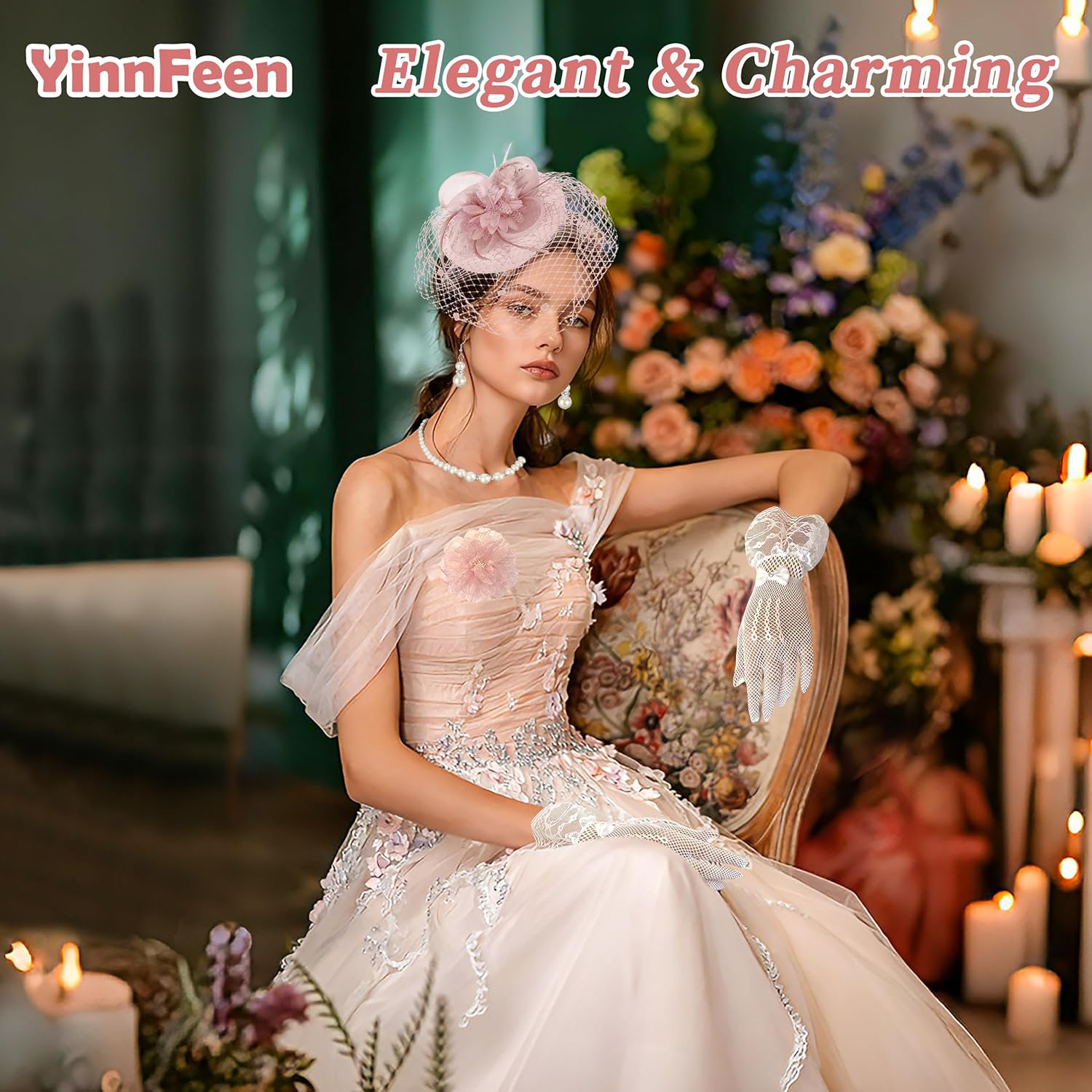 Yinnfeen 6 Pcs Tea Party Fascinators Hat for Women, Mesh Veil Headband with Pearl Necklace Earring Bracelet Lace Glove Brooch image number 1