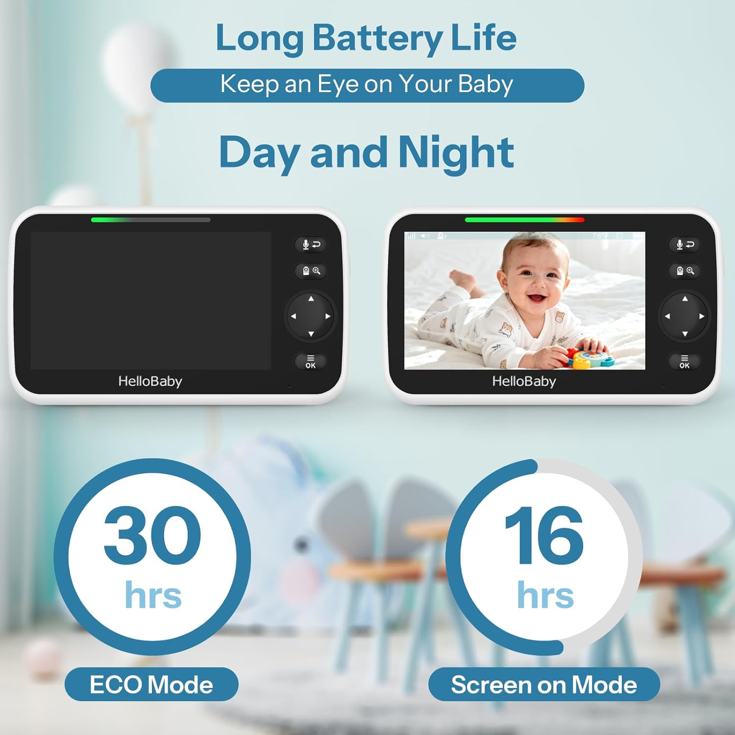 Hellobaby 5" Baby Monitor,30-Hours Battery Life Baby Camera,Baby Monitor No Wifi,Eco Mode, Alarm/Timer Setting,Remote Pan/Tilt/Zoom,Night Vision, 2-Way Talk, 8 Lullabies, Temperature image number 3