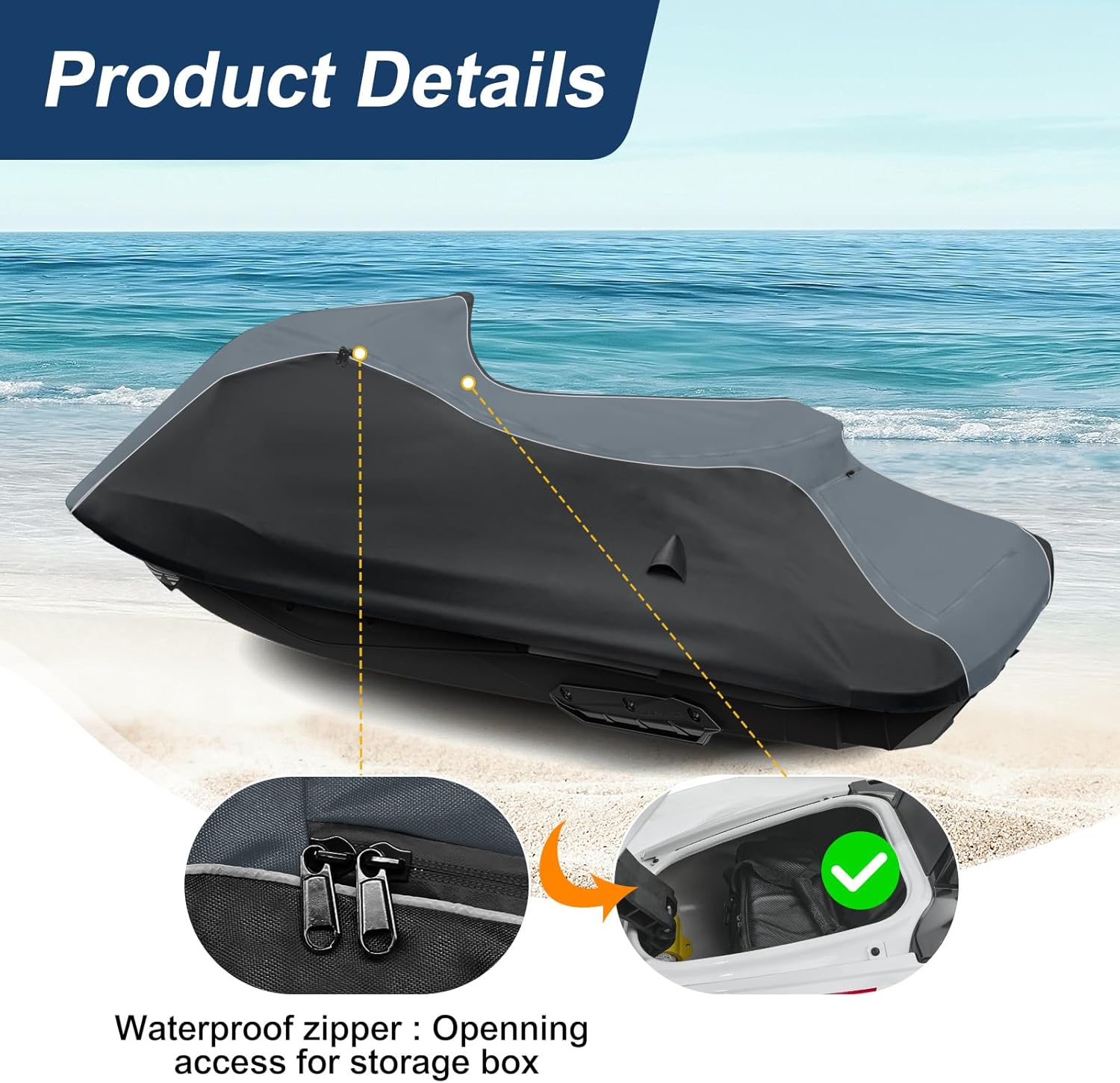 QUNSUNUS Jet Ski Cover for Sea Doo Spark 3Up/Trixx 3Up 2014-2025, Waterproof Covers with Zipper, All Weather Seadoo Cover with Elastic Edge for Wind, Sun, UV and Dust Protection image number 1