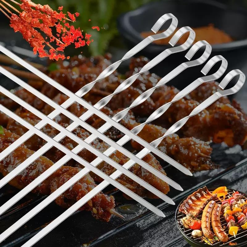 12 Pcs Premium Kabob Skewers,Anti-Roll Metal Stainless Steel BBQ Barbecue Skewer for Meat Shrimp Chicken Vegetable Kebab Fork Sausage&hellip; (12P-Style A)