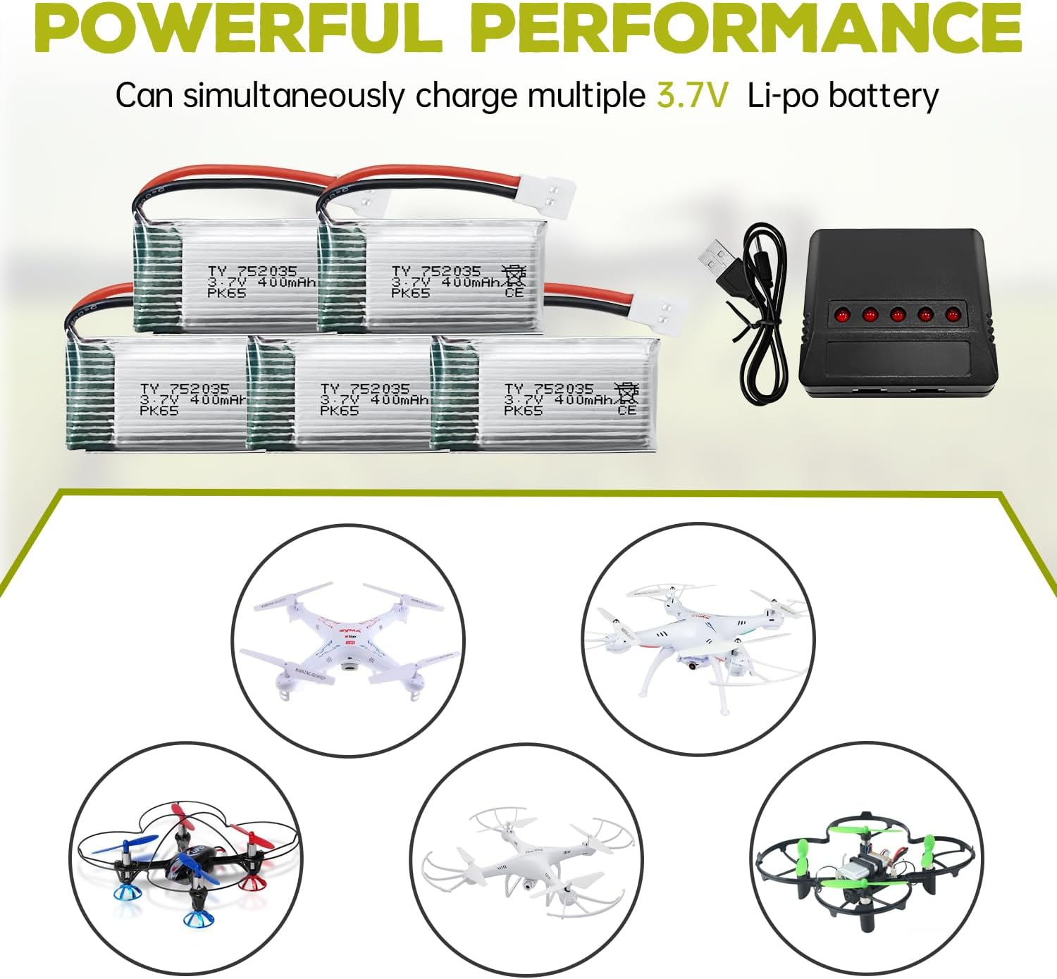 5PCS 3.7V 400Mah 25C Discharge High Rate Li Battery with 5In1 Charger for Hubsan X4 H107C H107L Syma Q11 X11C H99W H31 HS170C F180C TOZO Q2020 E016H A120 V966 TR-C385 TR-F22 Spare Parts RC Drone image number 2