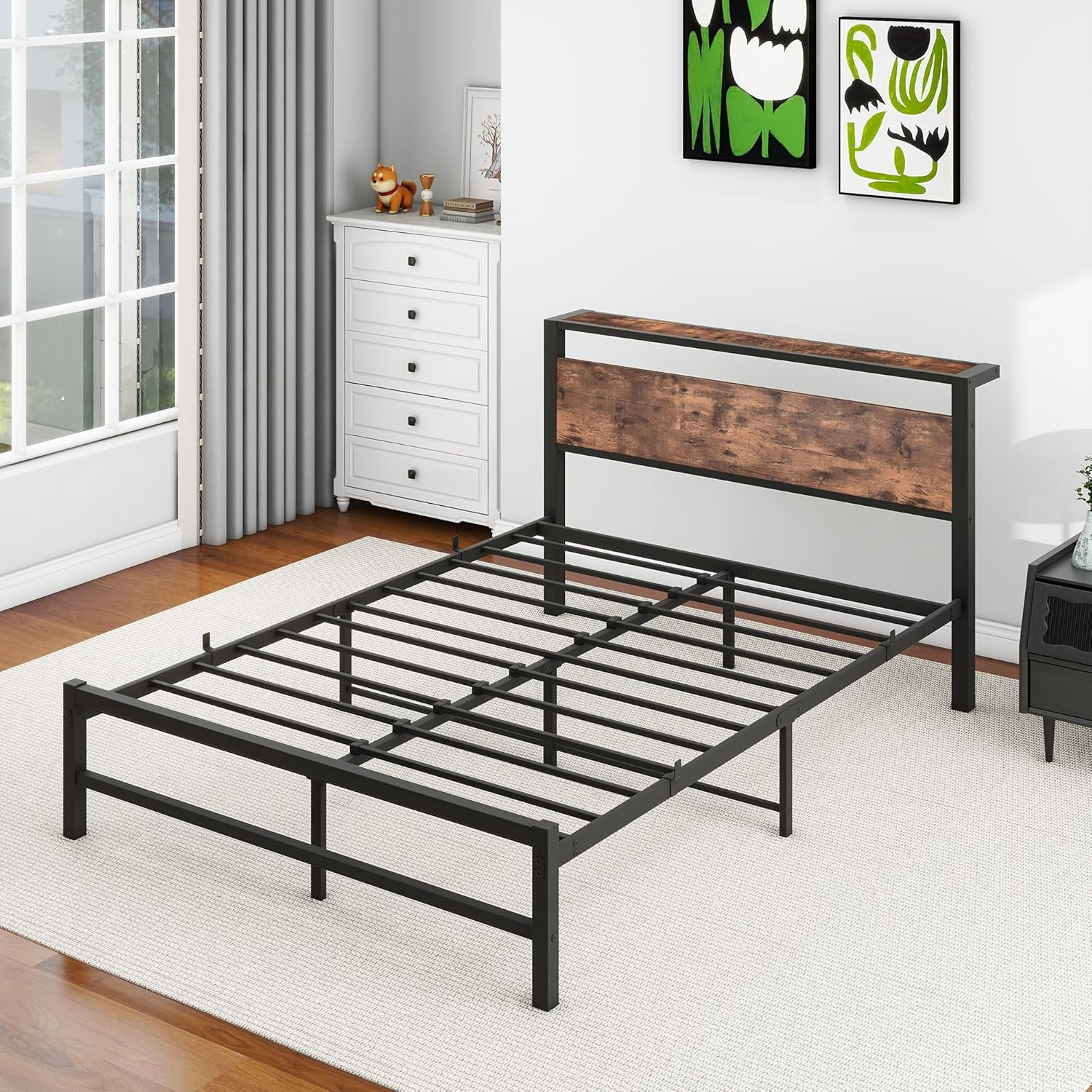 Double Size Metal Platform Bed Frame with Storage Headboard, Bed Frame Double Size No Box Spring Needed, Sturdy Steel Slat, Easy Assembly, Non-Slip Noise Free