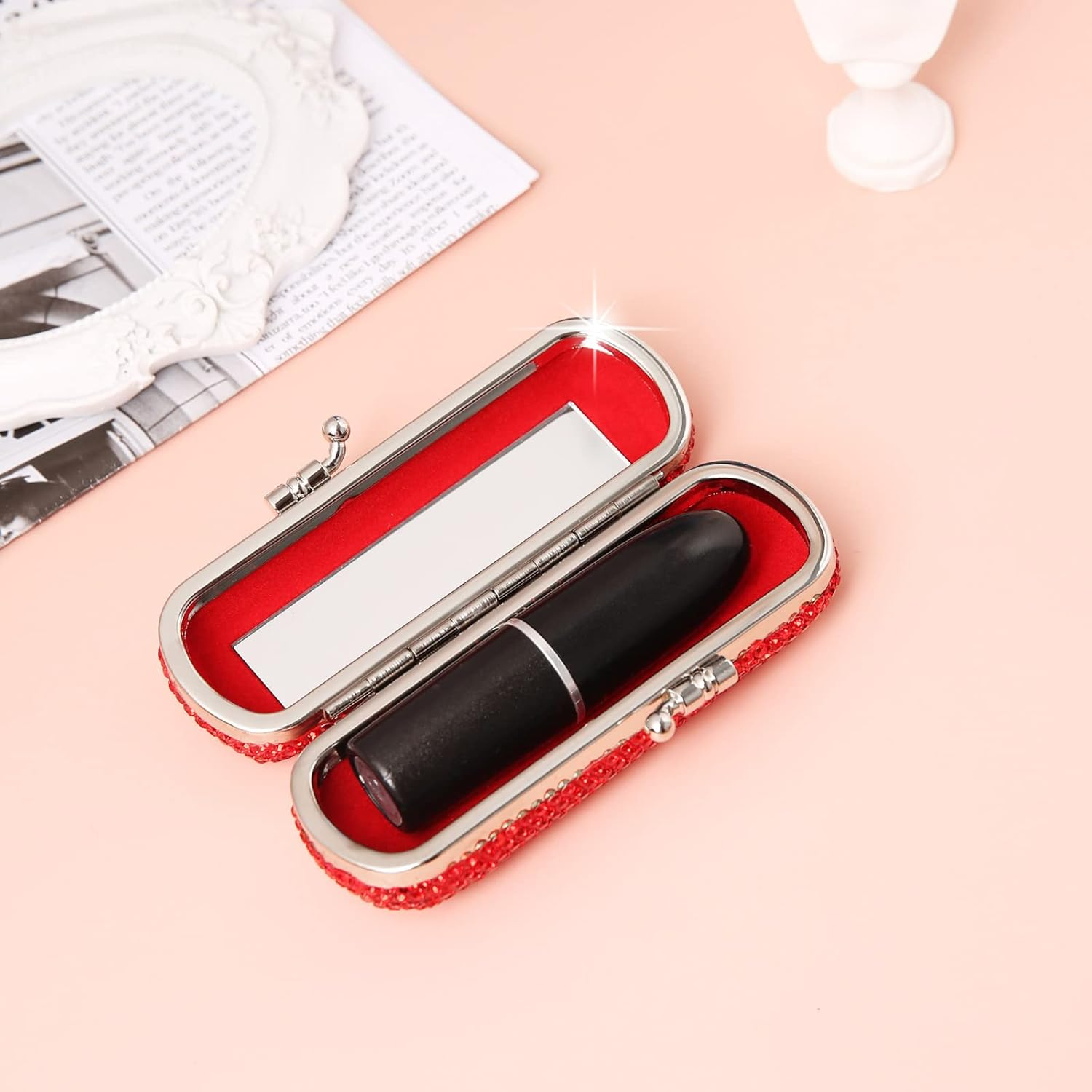 Asalways Shiny Rhinestone Crystal Portable Lipstick Case with Mirror Portable Bling Diamonds Makeup Cosmetic Storage Holder for Travel Ladies Fashion, Red - Red image number 5