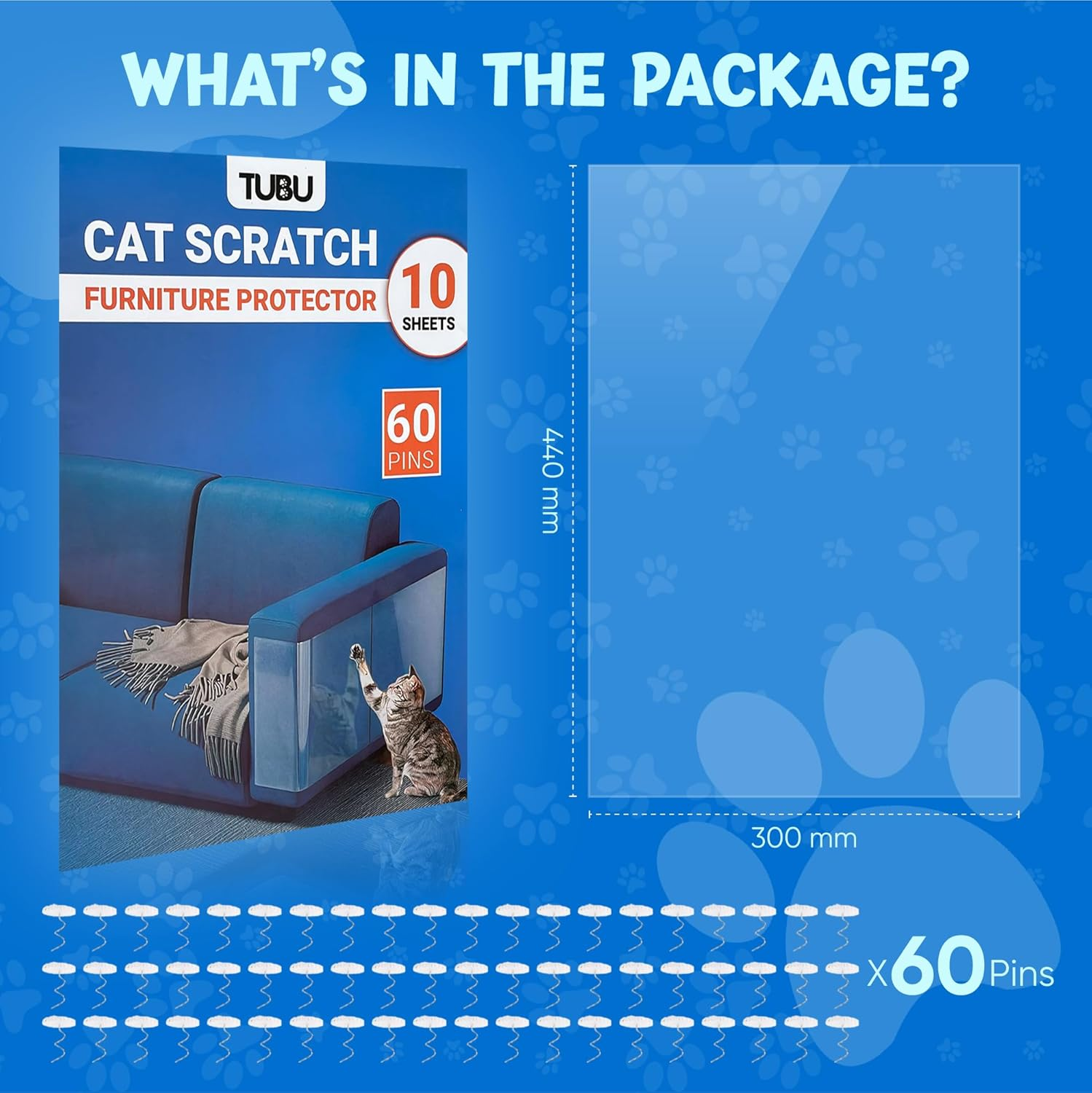 Cat Scratch Furniture Protector - 10 Pack, 44 Cm X 33 Cm, Transparent, Includes 60 Pins, Couch Corner Sofa Protector for Cats, anti Scratch Cat Furniture Guard image number 2